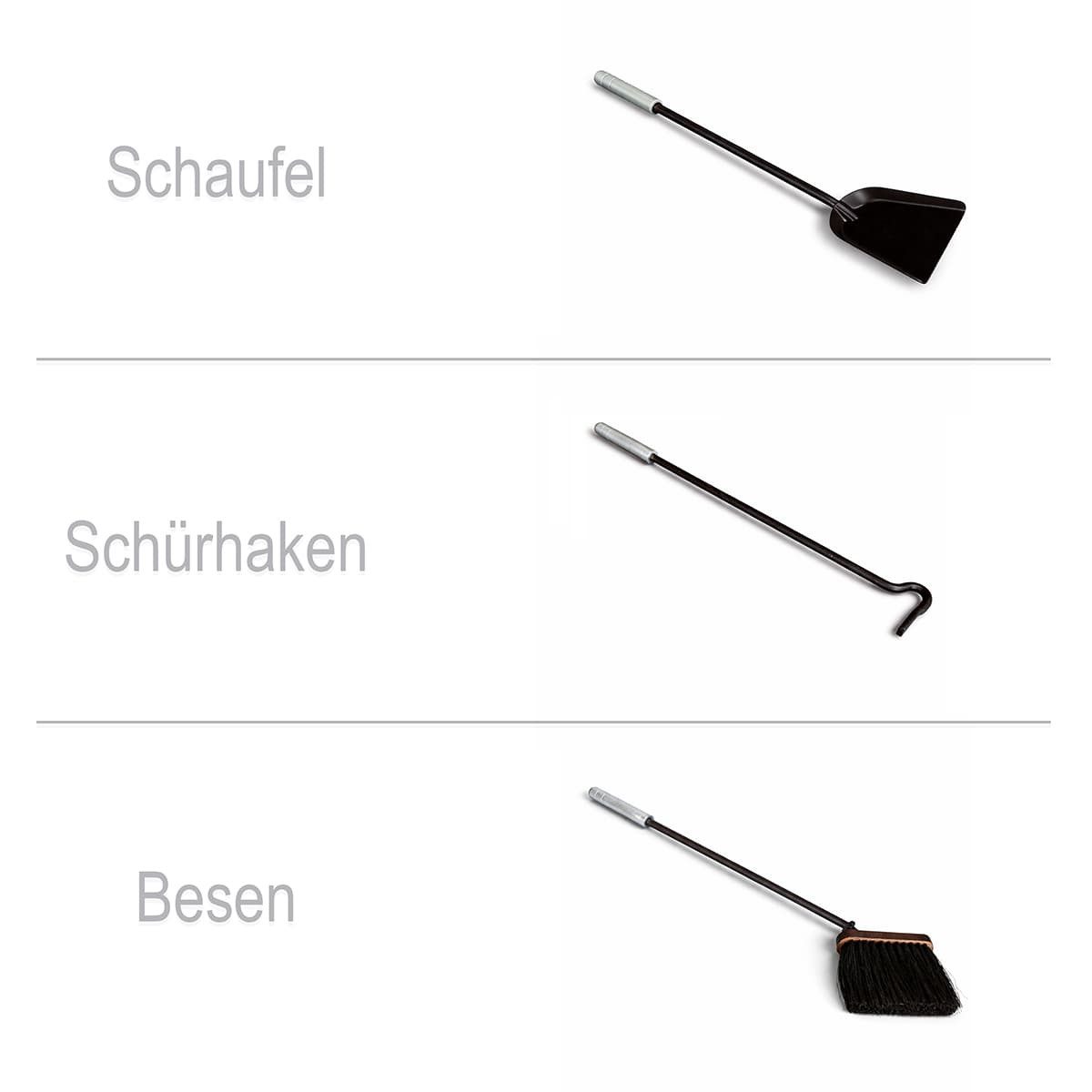 MS Beschläge Kamingarnitur Kaminbesteck kompakt - Ofenset Ofenbesteck schwarz, Ofengarnitur 4-tlg. - Kaminset Aluminium-Griffe