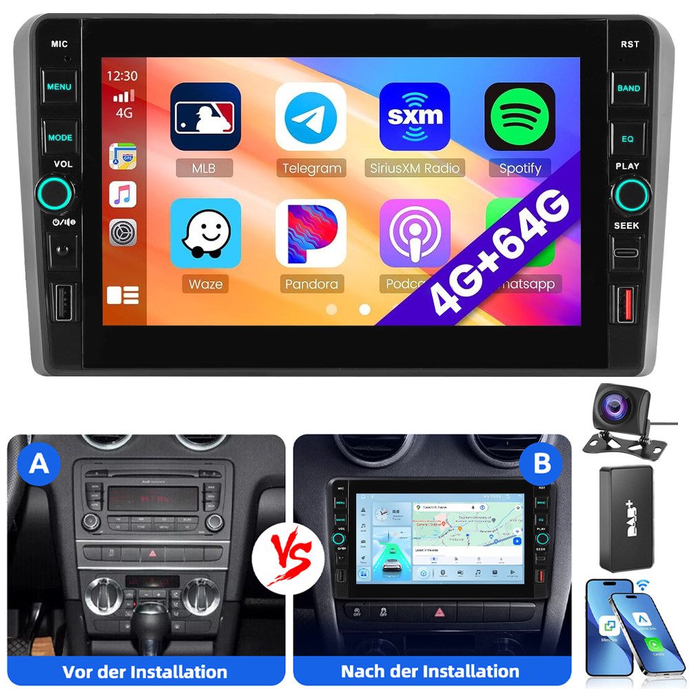 ESSGOO Für Audi A3 S3 RS3 8P 8V 8" Carplay Android 15 Autoradio 4+64G Autoradio (GPS NAVI RDS SWC USB WIFI)