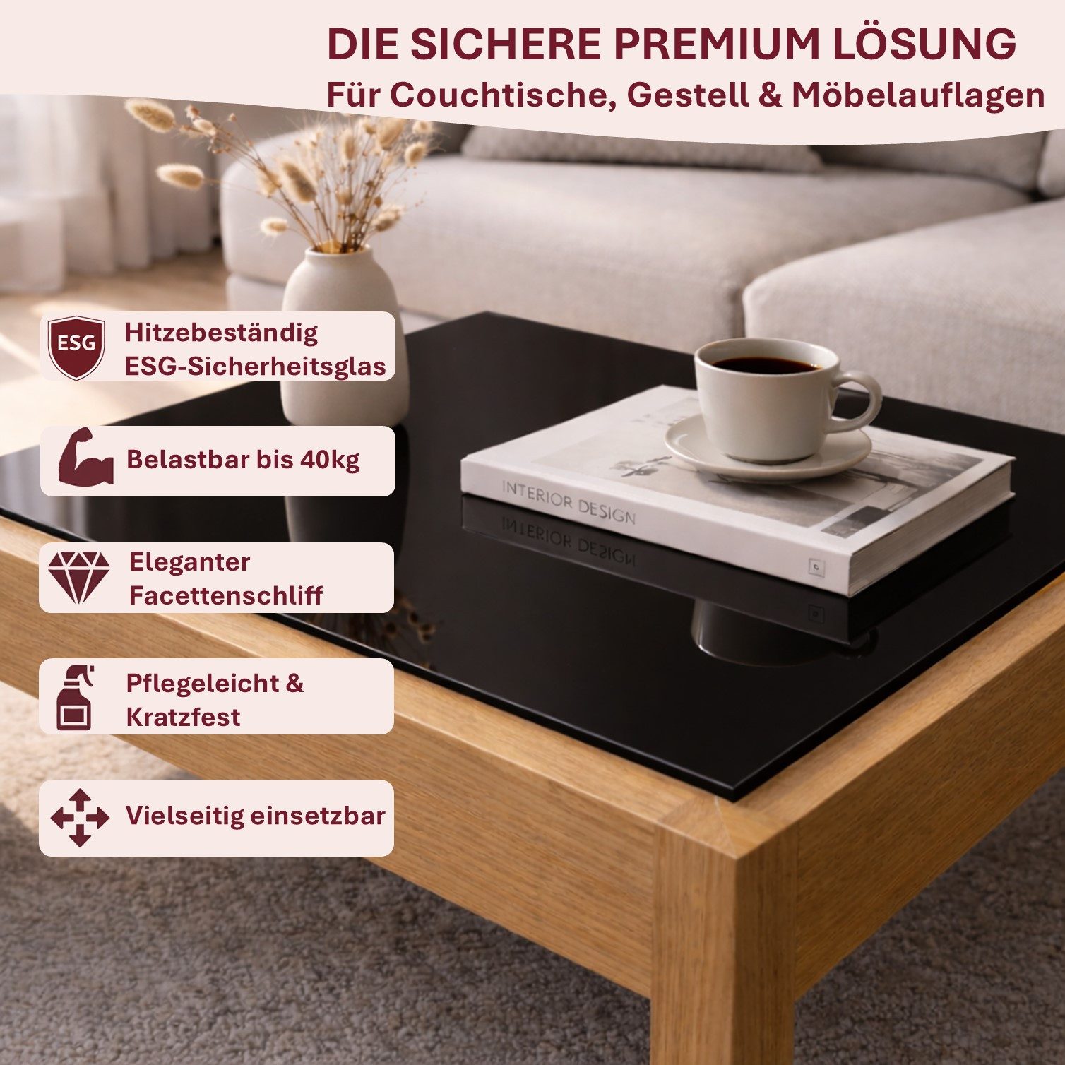 HOOZ Tischplatte Glasplatte ESG Schwarz 6mm – Tischplatte Kaminschutz, viele Größen