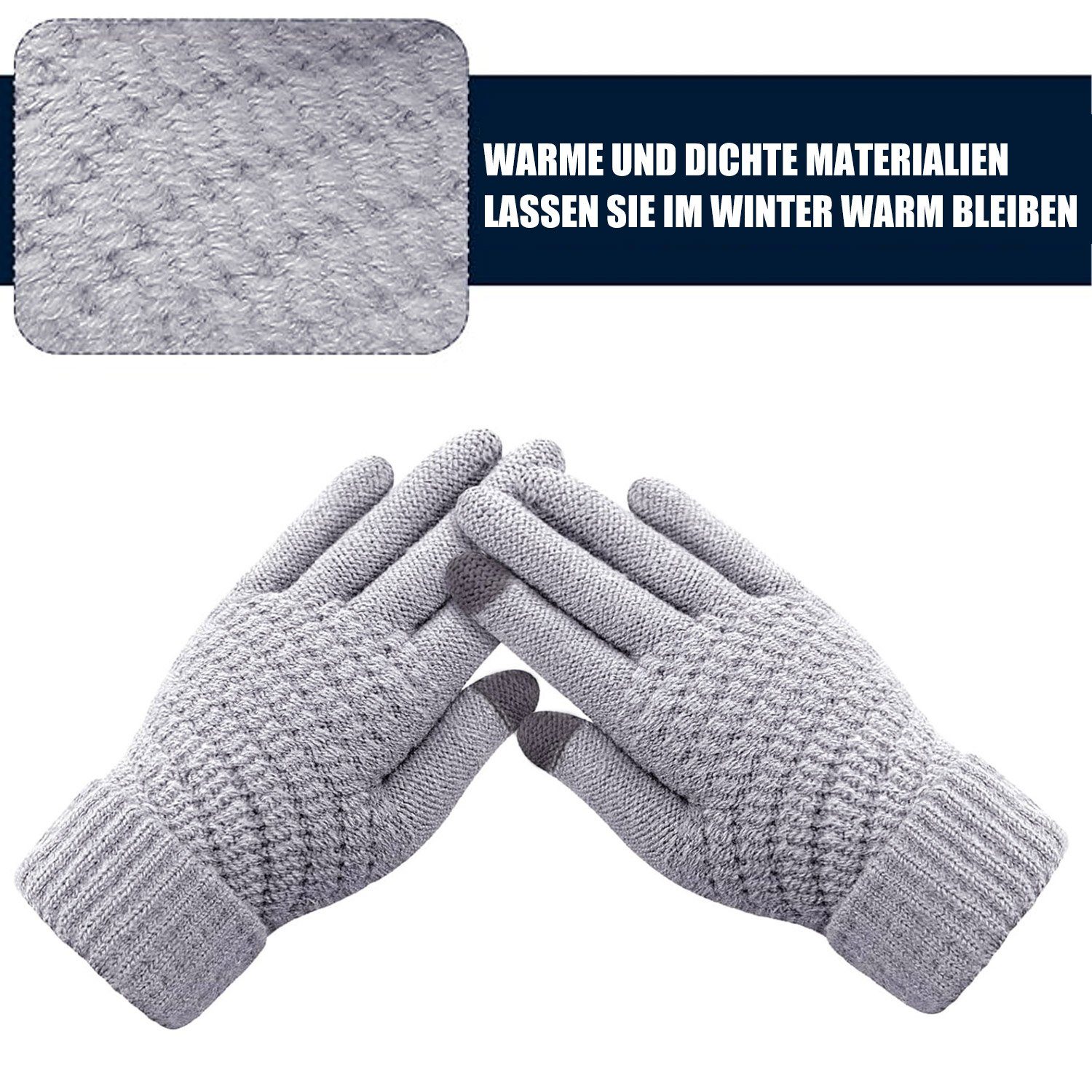MAGICSHE Fleecehandschuhe Wolle 2 Touchscreen Grau Paar Strickhandschuhe Damen