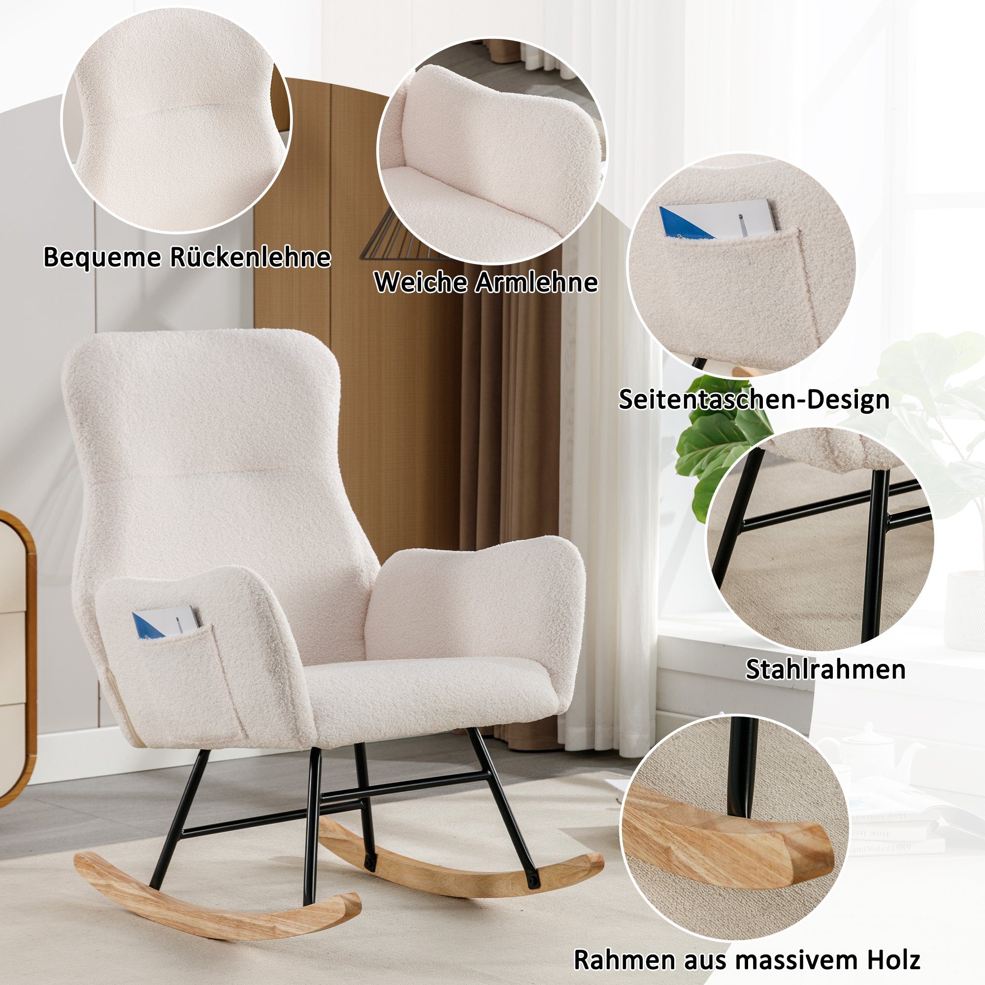 COMHOMA Schaukelstuhl Aus Teddy-Plüsch - Weißer Relaxsessel Bis 150kg