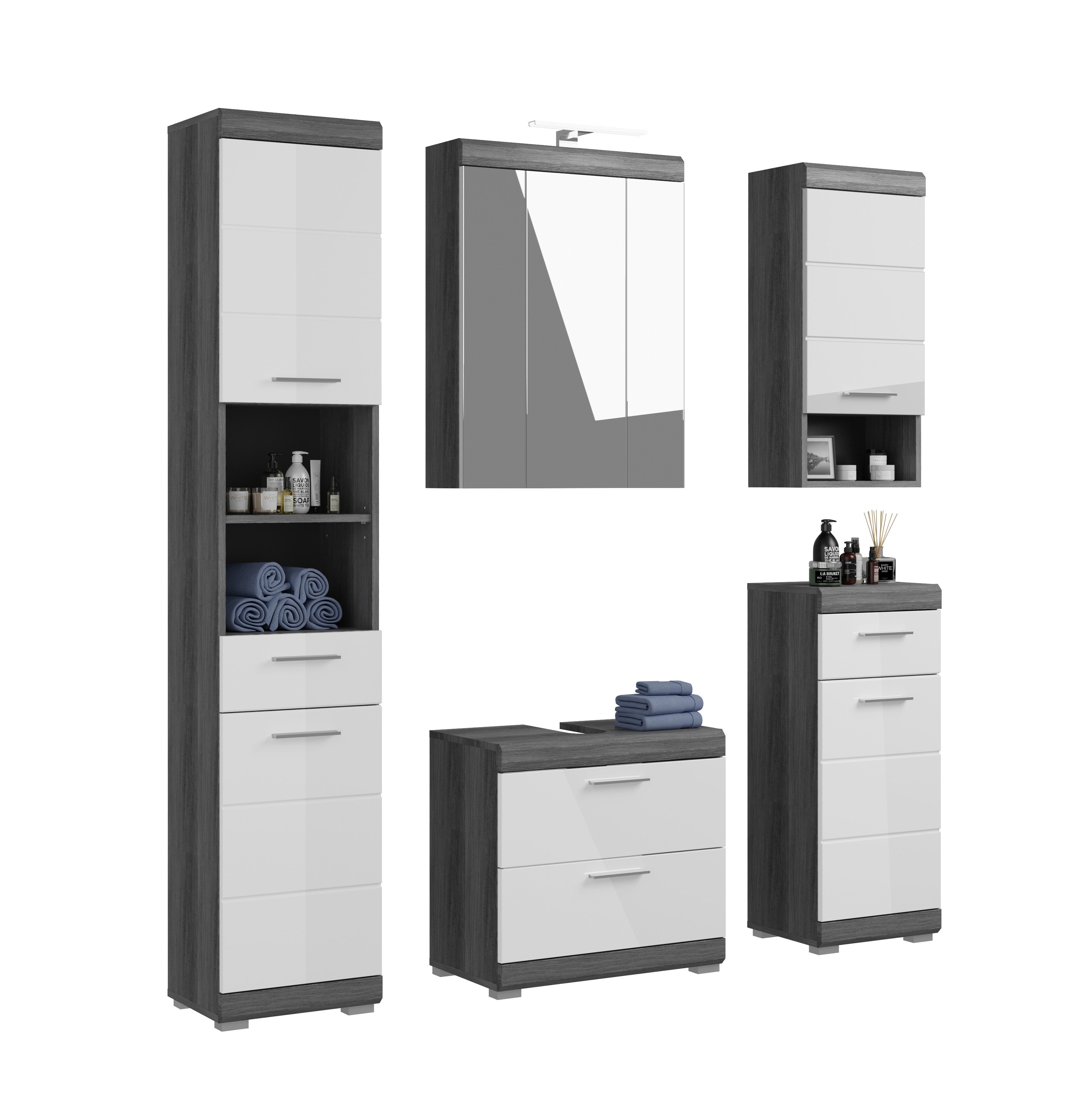 furnling Badmöbel-Set Scott, (5-St., Hochschrank, Spiegelschrank, Hängeschrank, Standschrank, WBU), Badschränke, Badkommoden, Badmöbel, mit Beleuchtung, Breite 164 cm
