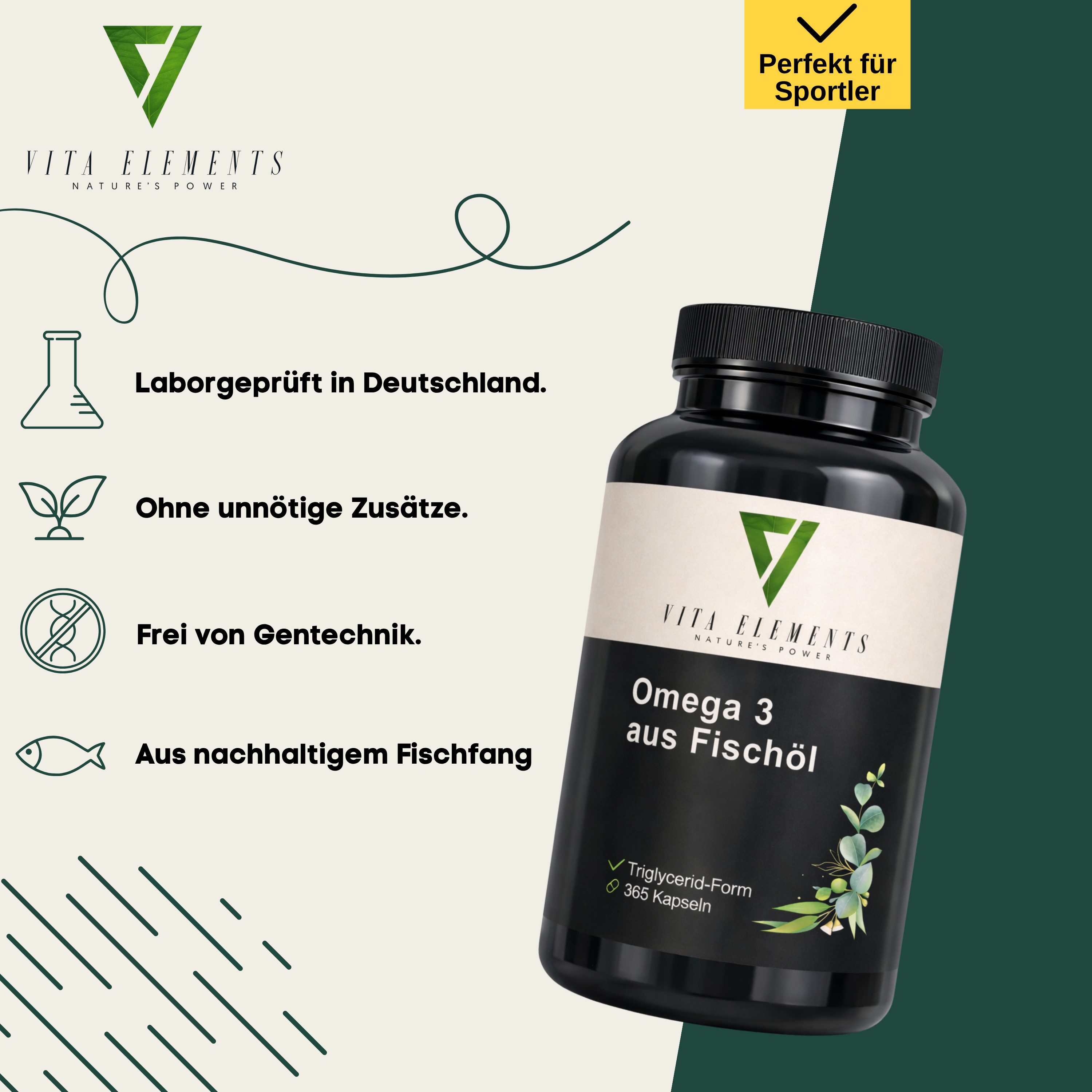 Vita Elements 3er Set Omega 3 aus Fischöl Kapseln, 1095 Stk. Aus nachhaltigen Fischfang Frei von Gentechnik Laborgeprüft