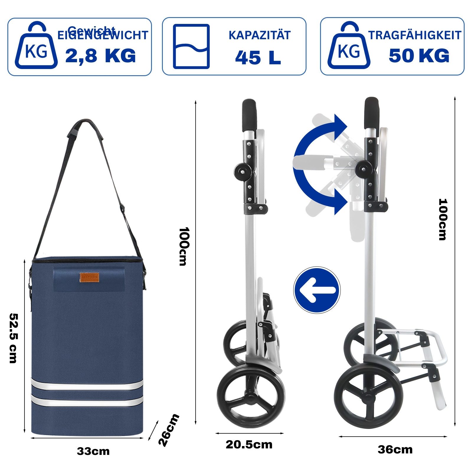 Allyson Einkaufstrolley Einkaufswagen klappbar, Einkauftrolley mit 56L Kapa günstig online kaufen