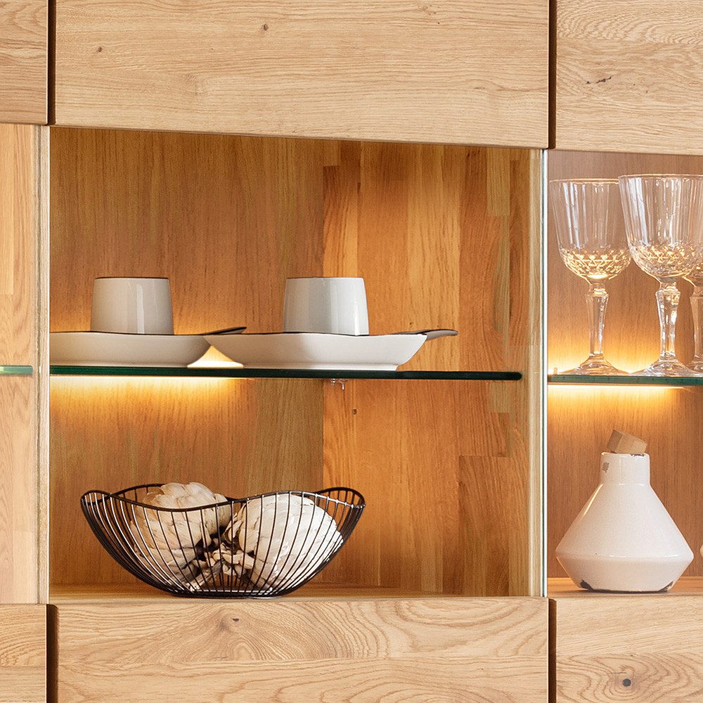 Lomadox Highboard WISLA-69, Eiche massiv, 149 cm, LED Beleuchtung, Softclose, montiert