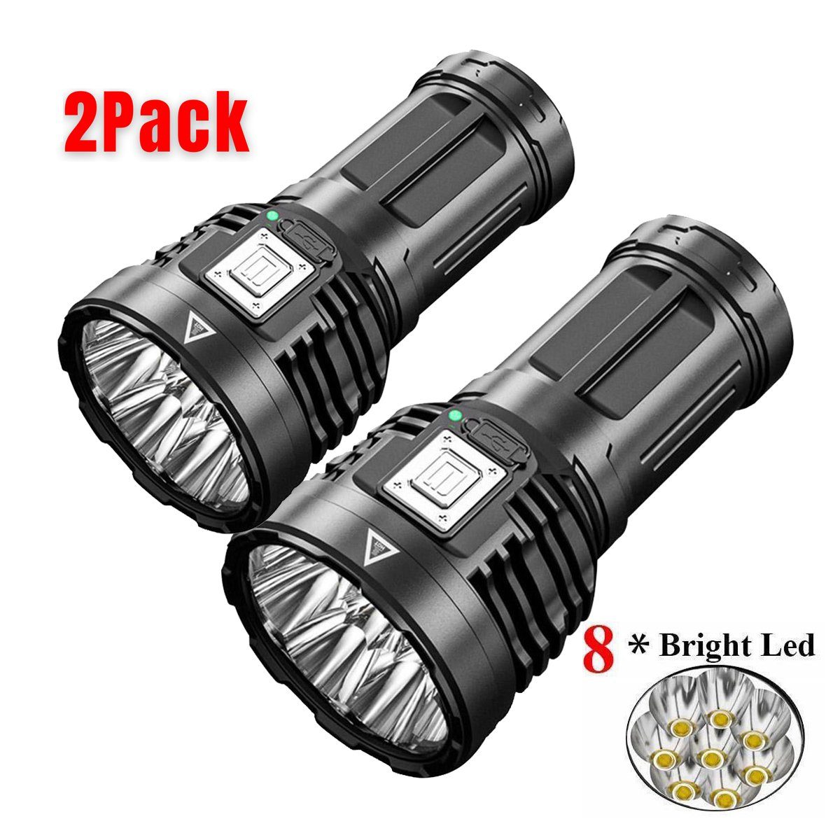 USB 2er-Pack, LED Flashlight 12000000LM mit Akku), 8 LED Wiederaufladbare meeteu Taschenlampe 2x Fackel Taschenlampe (Taschenlampe, Taschenlampe