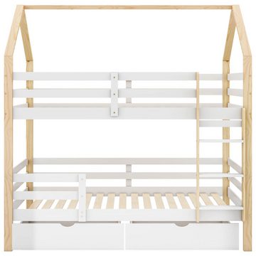 MODFU Kinderbett Hausbett Etagenbett (mit 2 Schubladen,ohne Matratze), aus Kiefernholz, 90 x 200 cm