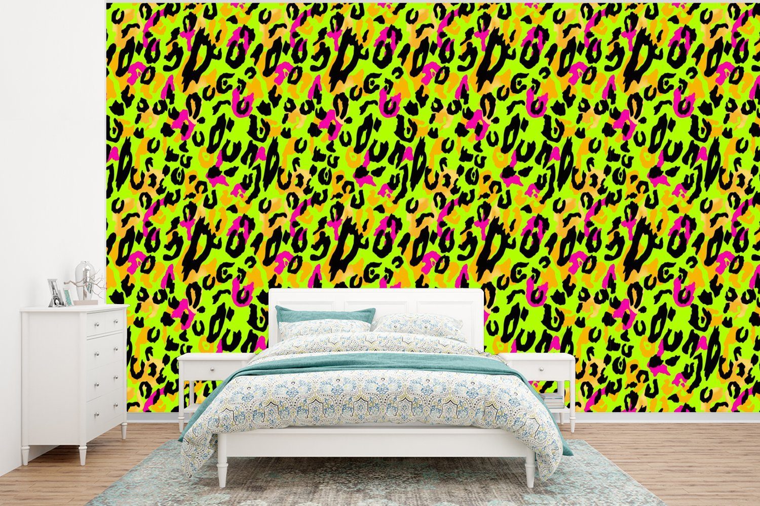 MuchoWow Fototapete Pantherdruck - Muster - Neon - Gelb, Matt, bedruckt, (6 St), Wallpaper für Wohnzimmer, Schlafzimmer, Kinderzimmer, Vinyl Tapete