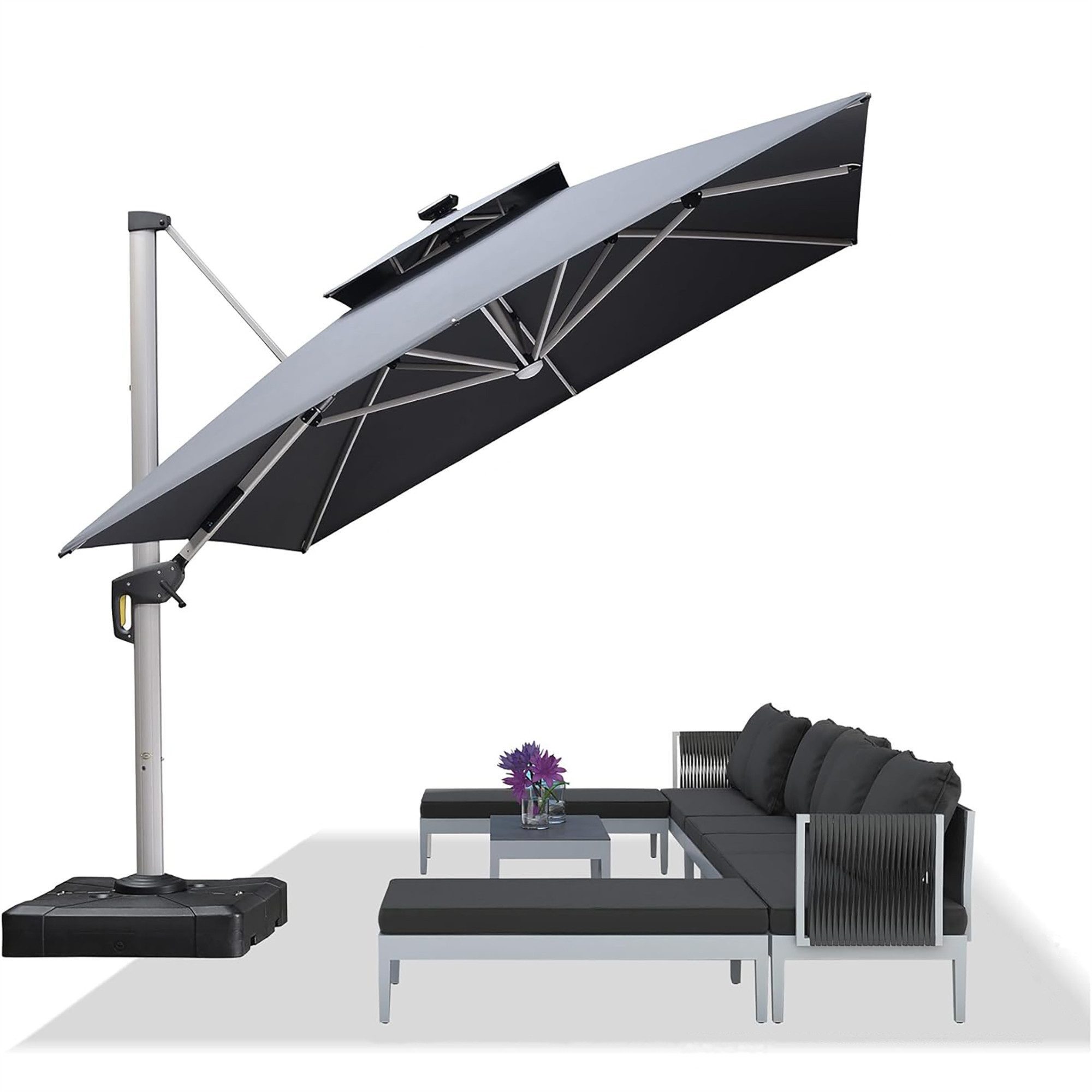 PURPLE LEAF Sonnenschirm Rechteckig Außenbereich Alu Ampelschirm, Gartenschirm mit Solar LED, LxB: 365,00x270,00 cm, windstabil,für Garten,Terrasse, Pool