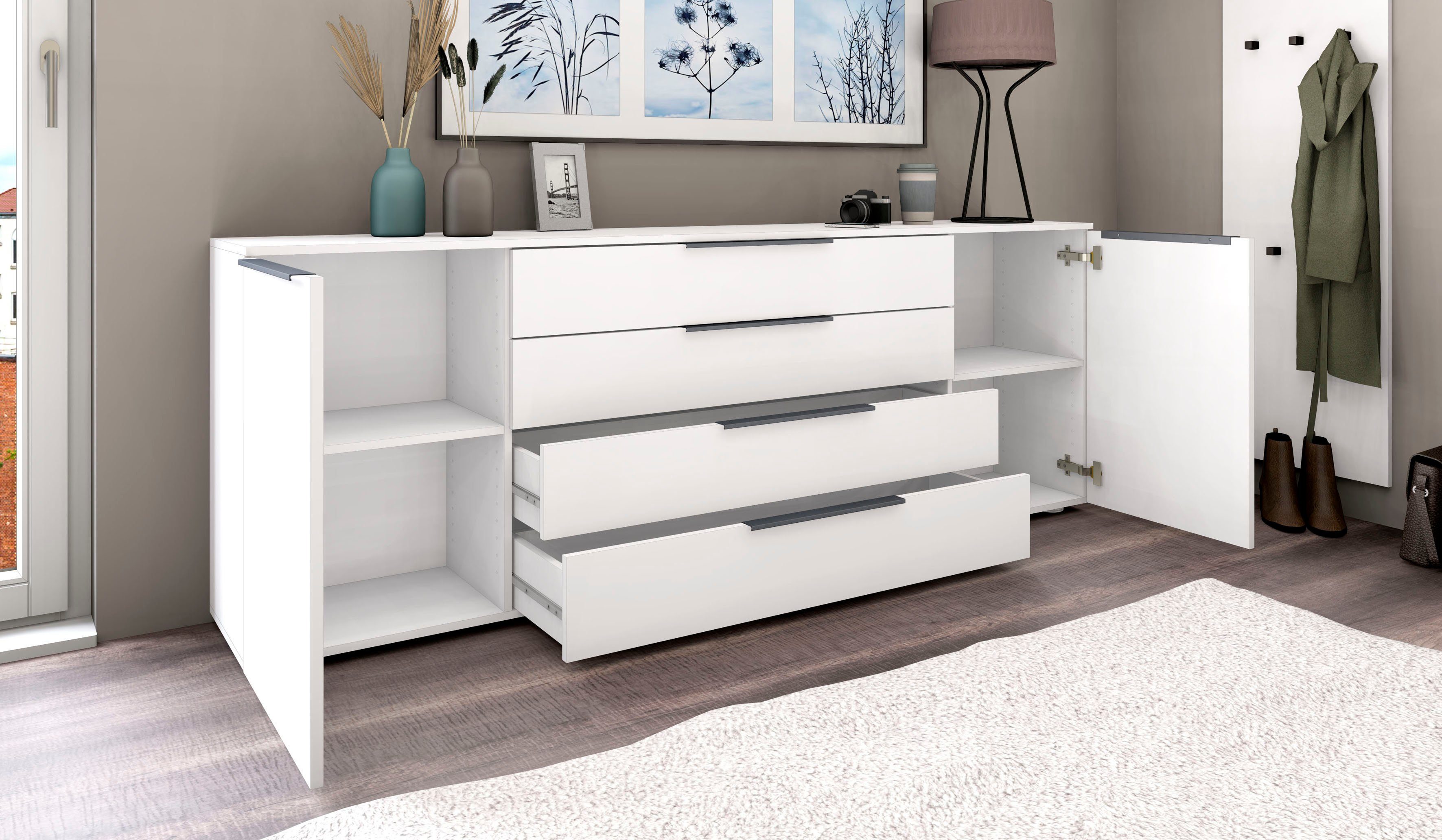 borchardt Möbel Sideboard Tom, moderne Kommode mit Metallgriffen, 200cm breit, 2 Türen, 3 Schubfächer, Metallgriffe anthrazit