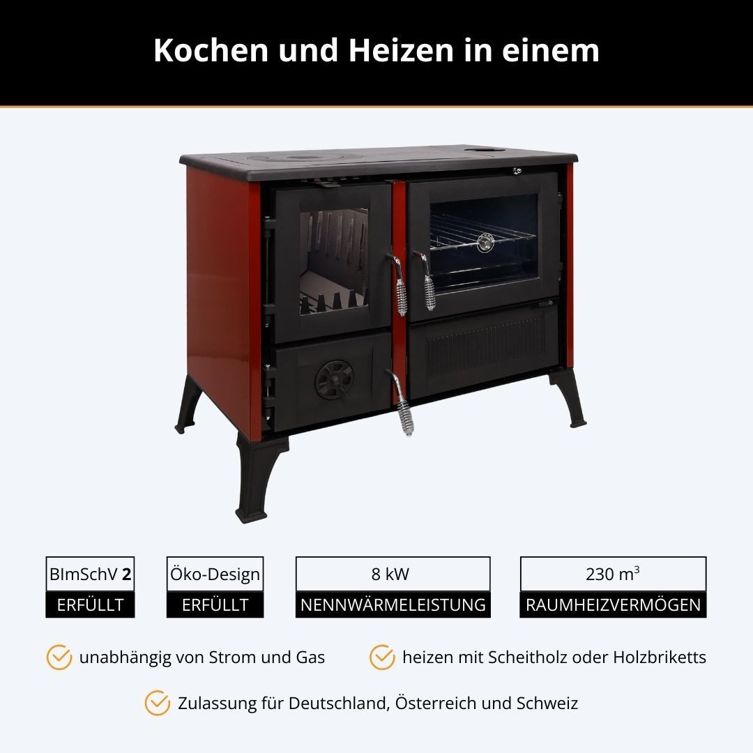 365 Kaminofen 365® Küchenherd Cook Smart rot emailliert 8 kW Gusseisen A+, 8 kW