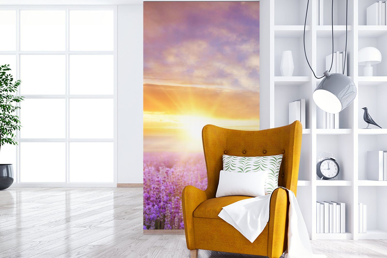 Wohnzimmer Fototapete MuchoWow St), Schlafzimmer bedruckt, (2 Küche, Lavendel Matt, - für Himmel Sonne Vliestapete - - Fototapete Natur,