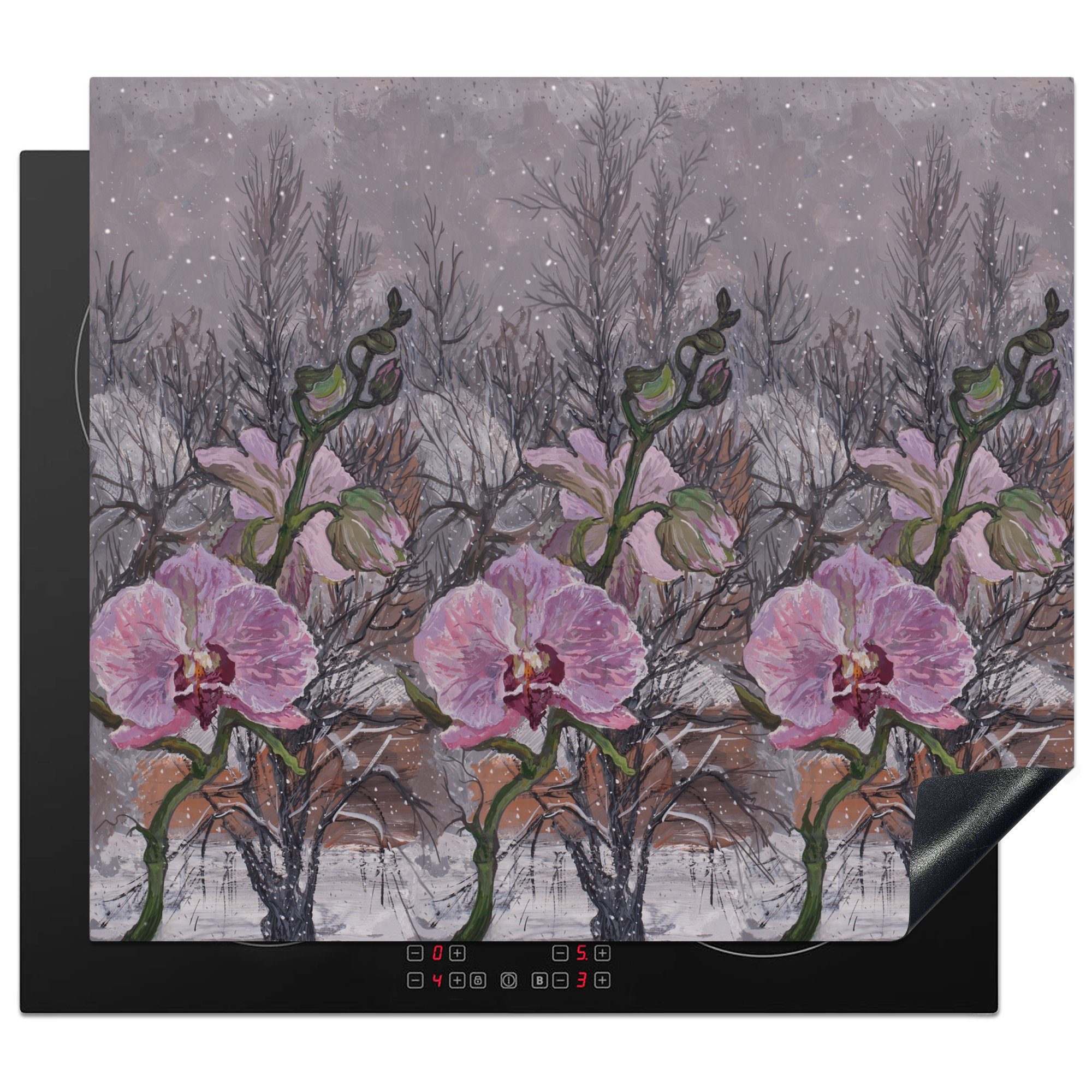 MuchoWow Herdblende-/Abdeckplatte Eine Illustration von drei lila Orchideen, Vinyl, (1 tlg), 60x52 cm, Mobile Arbeitsfläche nutzbar, Ceranfeldabdeckung