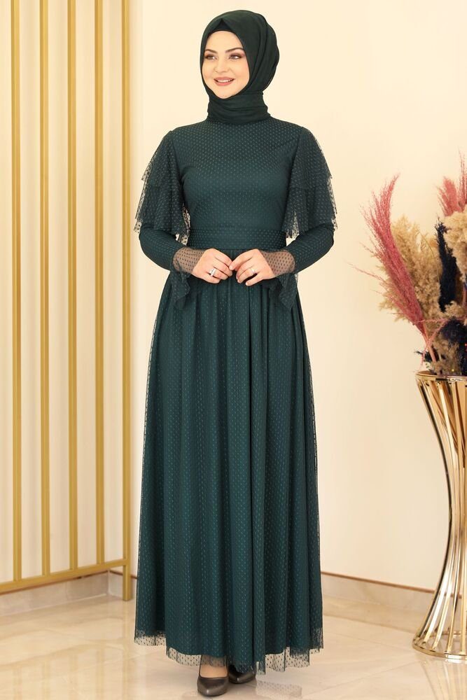 Modavitrini Tüllkleid Abendkleid aus gepunktetem Tüll Hijab Kleid Abiye Abaya Smaragd-Grün