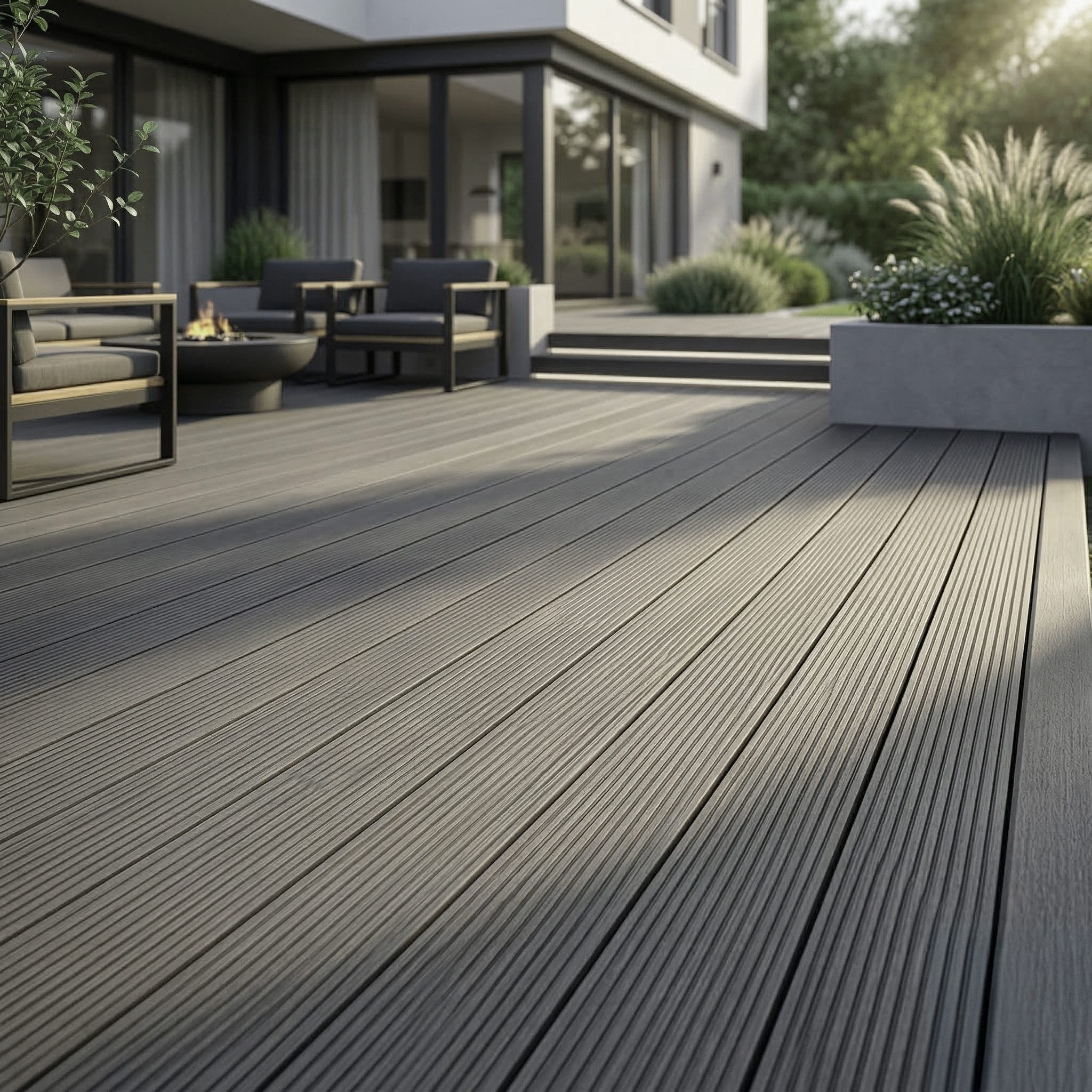 Woodstore24 Terrassendielen WPC Terrassenboden Komplettset mit Clipsystem, 20 mm Stärke, (Hohlkammer Diele geriffelt 240 cm Länge 145 mm Breite, Terrassenboden in Anthrazit Grau Braun für Balkon & Garten Outdoor), WPC Terrassendielen Komplettset mit Clips