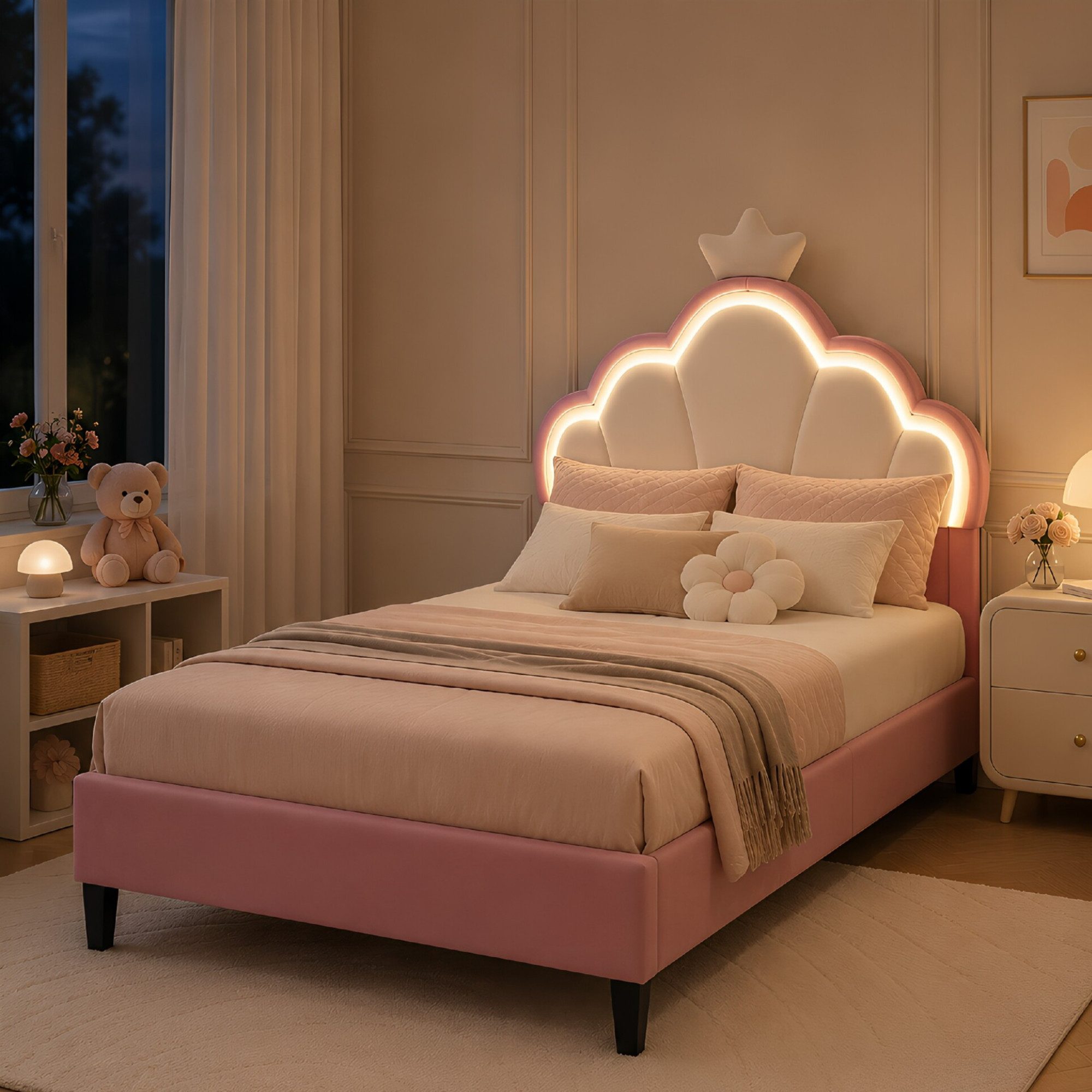 Simurq Polsterbett Kinderbett 140x200 cm mit Hasenohren-Kopfteil und LED, Mädchenbett, Jugendbett mit Lattenrost für Mädchen Kinder