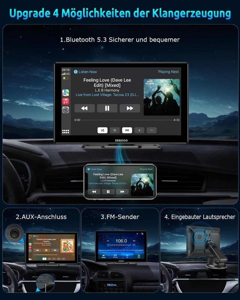 ESSGOO CarPlay Android Auto Autoradio IPS Touchscreen Tragbares Drahtloses Navigationsgerät (Touchscreen GPS Navi Tragbar Autoradio Bluetooth Rückfahrkamera)