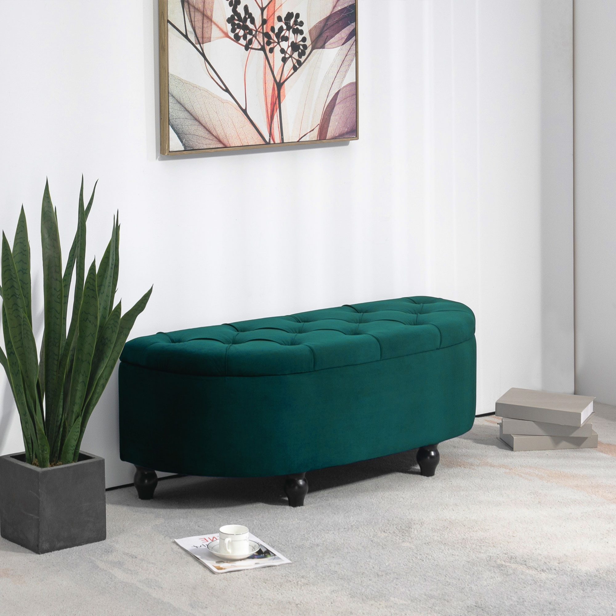 HOMCOM Sitzbank mit geöffnetem Deckel, Velvet-Touch (Bank, 1-St., Hocker), für Wohnzimmer, Dunkelgrün
