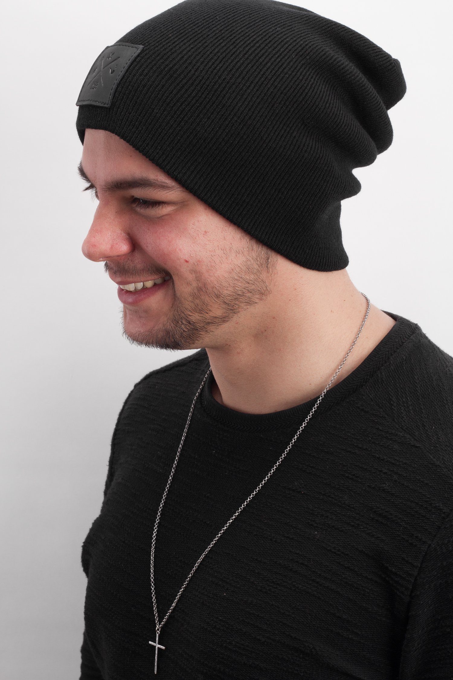 Black - Echt-Leder/Stick mit Long Slouch Manufaktur13 Out Veredelung Beanie, Beanie lang, Strickmütze Mütze, Beanie