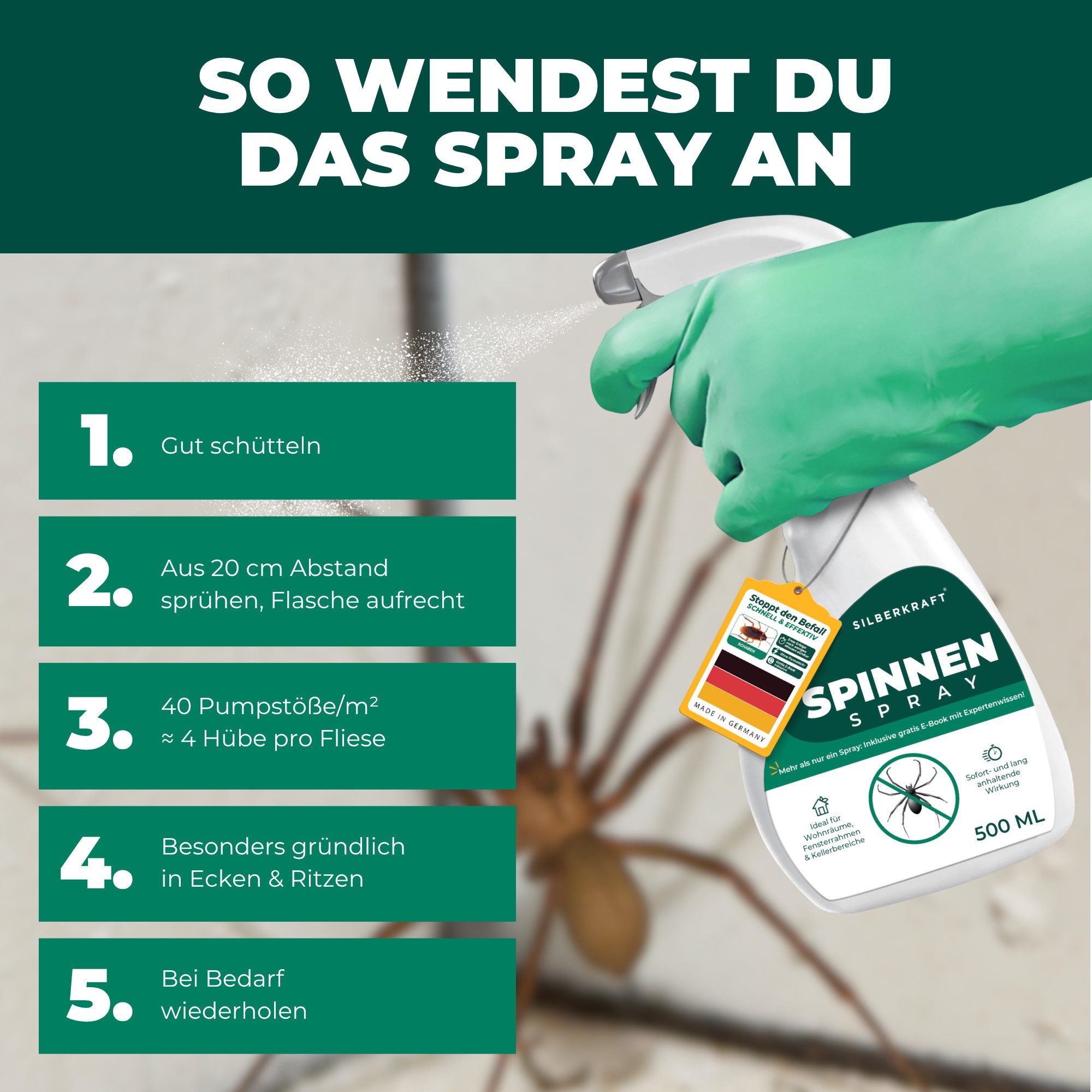 Silberkraft Insektenspray Spinnenspray 500 ml inkl. Gratis E-Book Gebrauchsfertiges Spray, Gezielt auf Ecken, Ritzen, Spalten oder hinter Möbeln sprühen, 1-St., – Bild 5 von 5