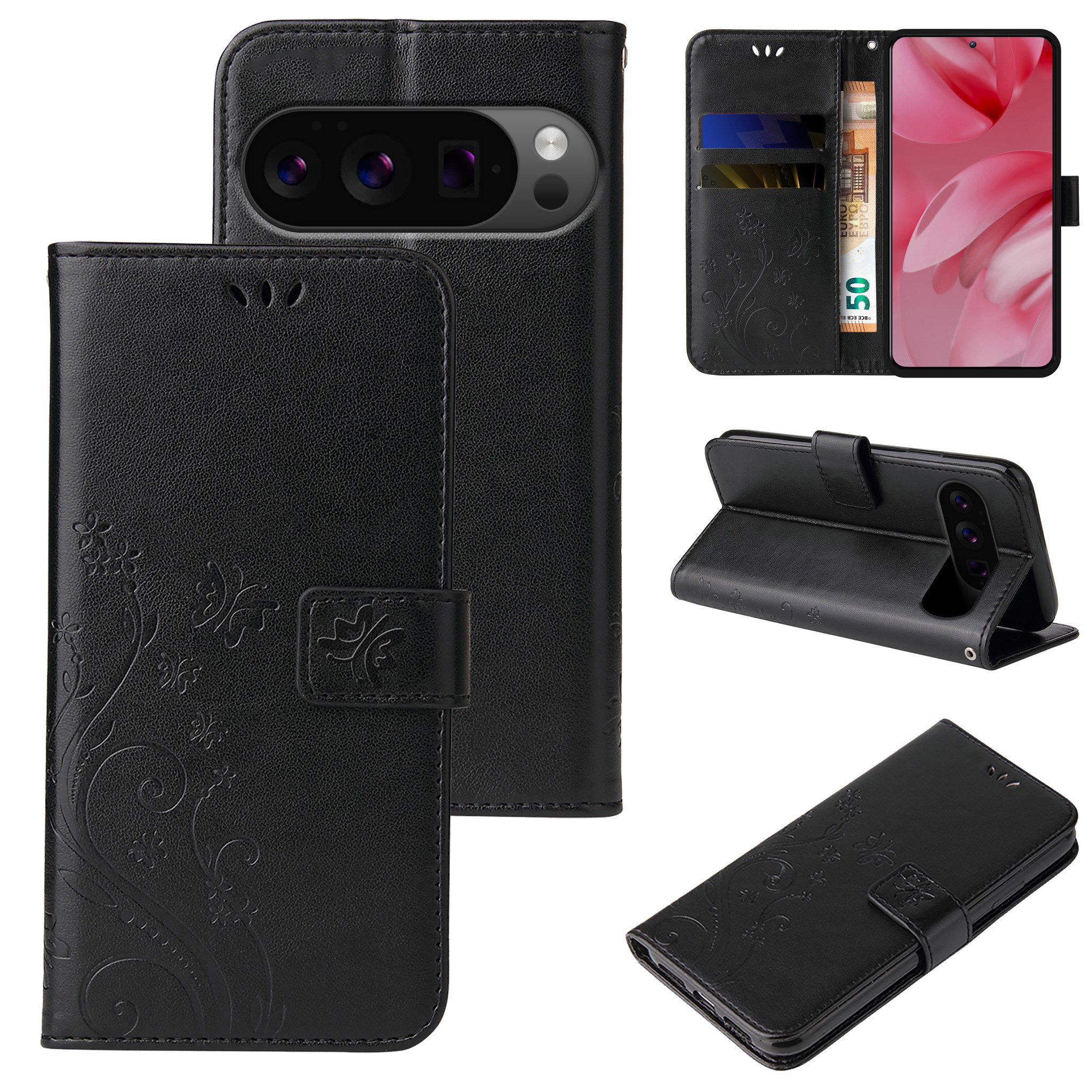 Tec-Expert Handyhülle Cover Tasche Hülle für Google Pixel 10 Pro XL 6.8 Zoll, 6.8", Klapphülle Case mit Kartenfach Fliphülle aufstellbar, Motiv Blumen