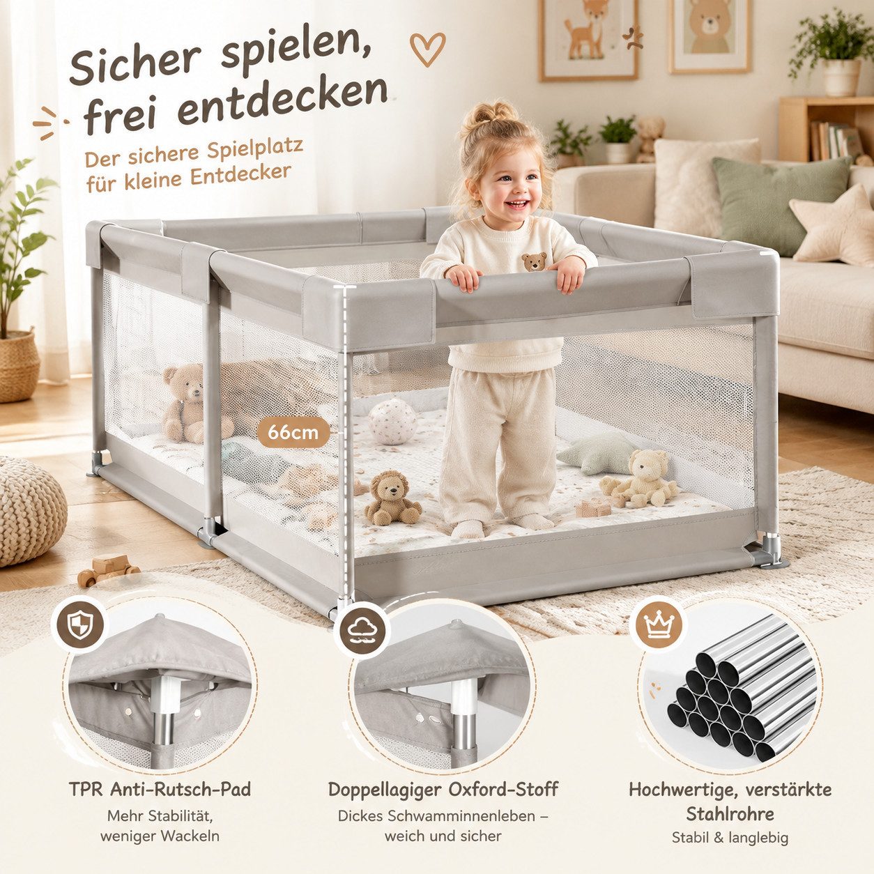 MC Star Laufgitter mit Matte 150x150 cm, Laufstall Baby mit Matratze (Sicher und Geräumig für die Wohnung, Rutschfeste Basis, Atmungsaktives Netzdesign (150X150 – Bild 5 von 5