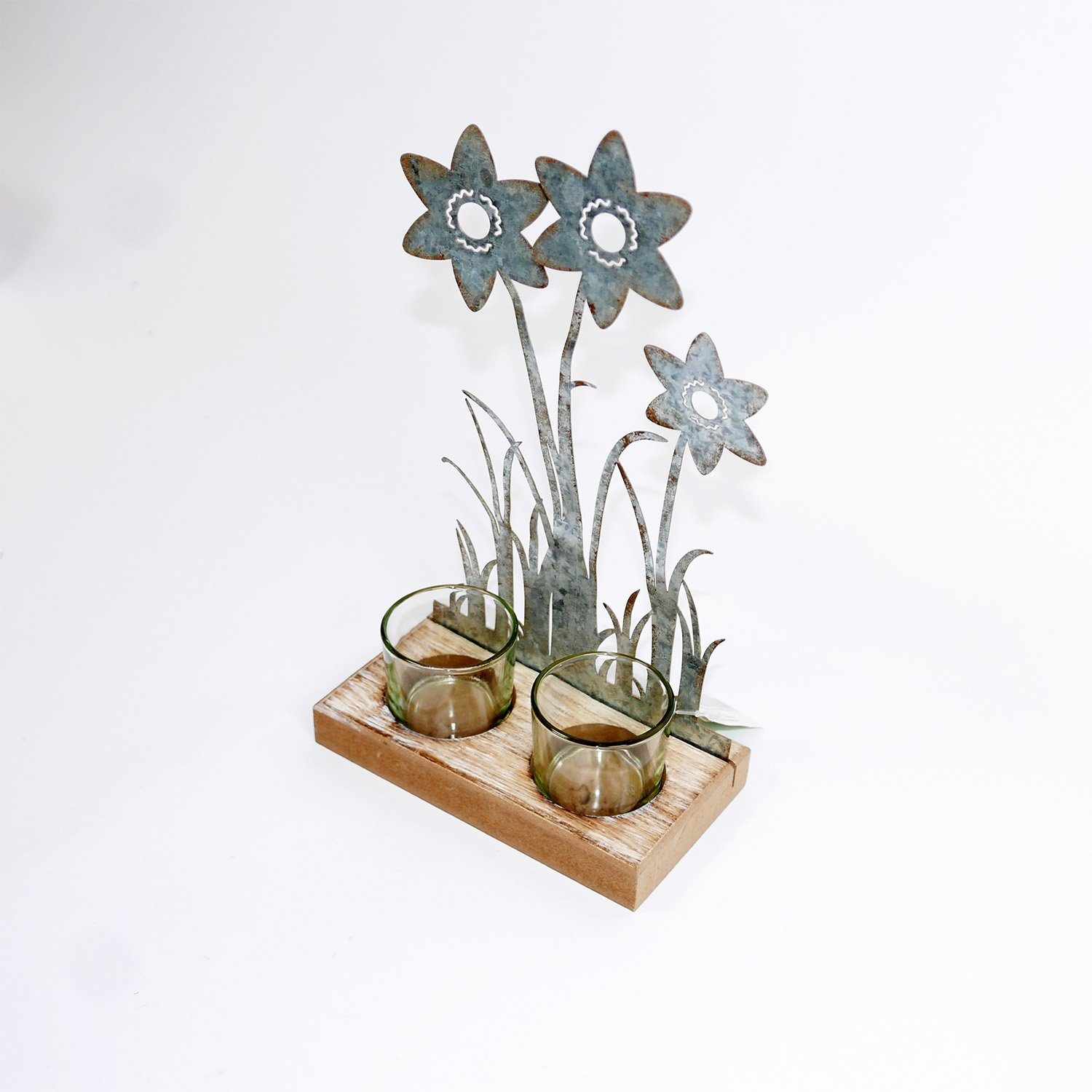 - 2er B&S Metall aus 23 Blumenverzierung H cm Teelichtglas Holzsockel auf Teelichthalter