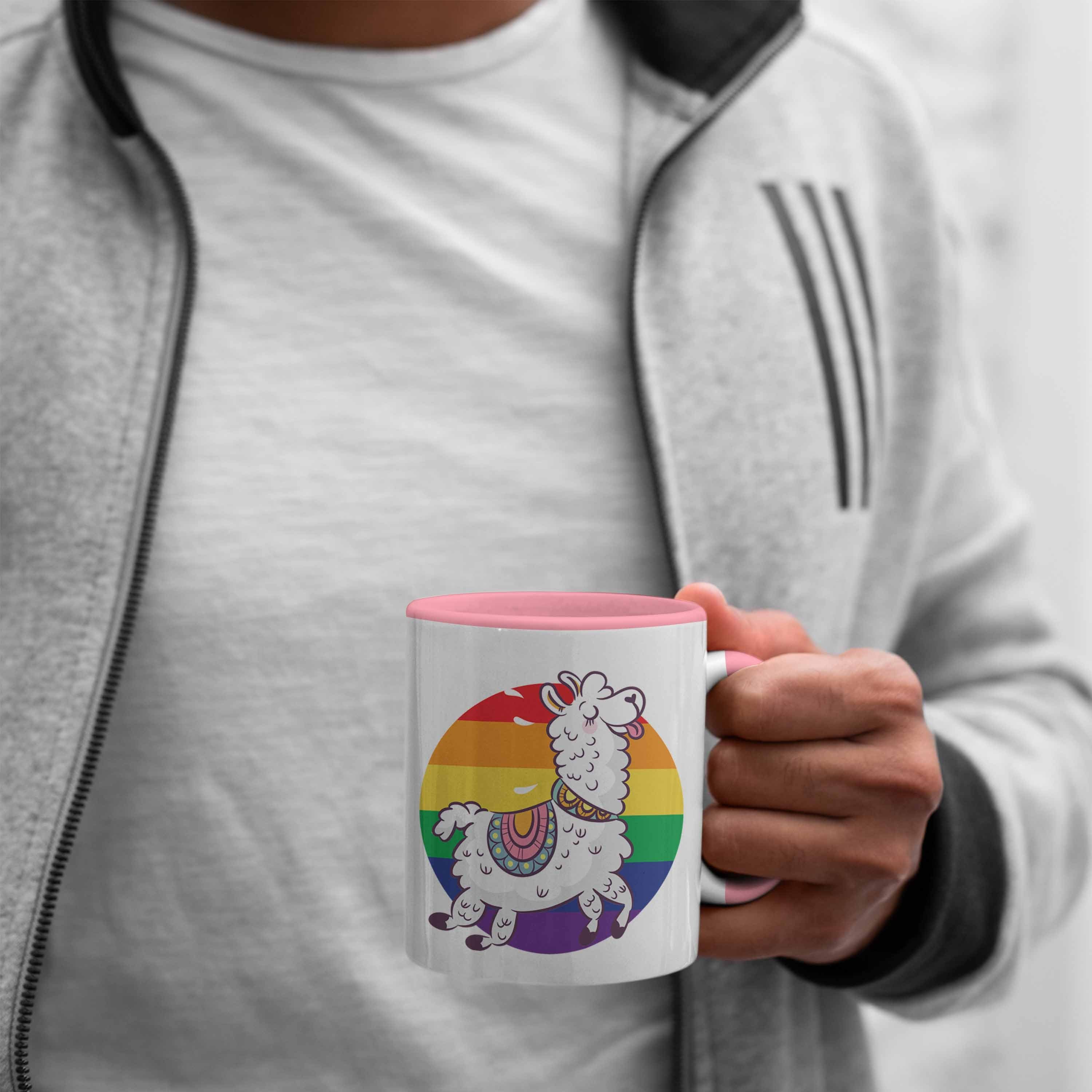 Trendation Tasse Trendation - Regenbogen Geschenk Schwule LGBT Lesben Llama Pride Tasse Rosa Grafik Transgender Tolles