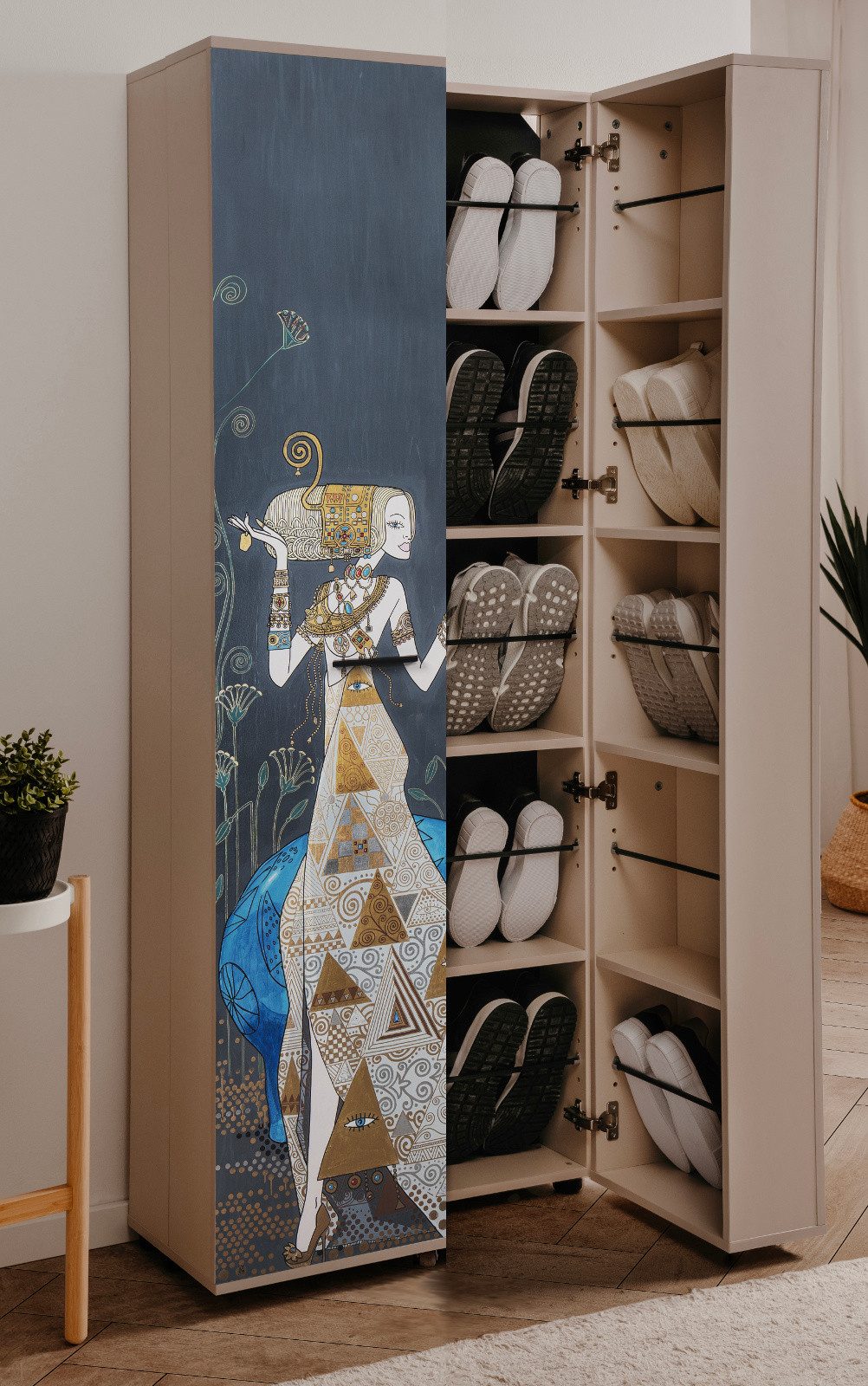 Furn.Design Schuhschrank Logu (in Samt Bergonzoli Druck, aufklappbar, 74 x 182 cm) bis zu 30 Paar Schuhe