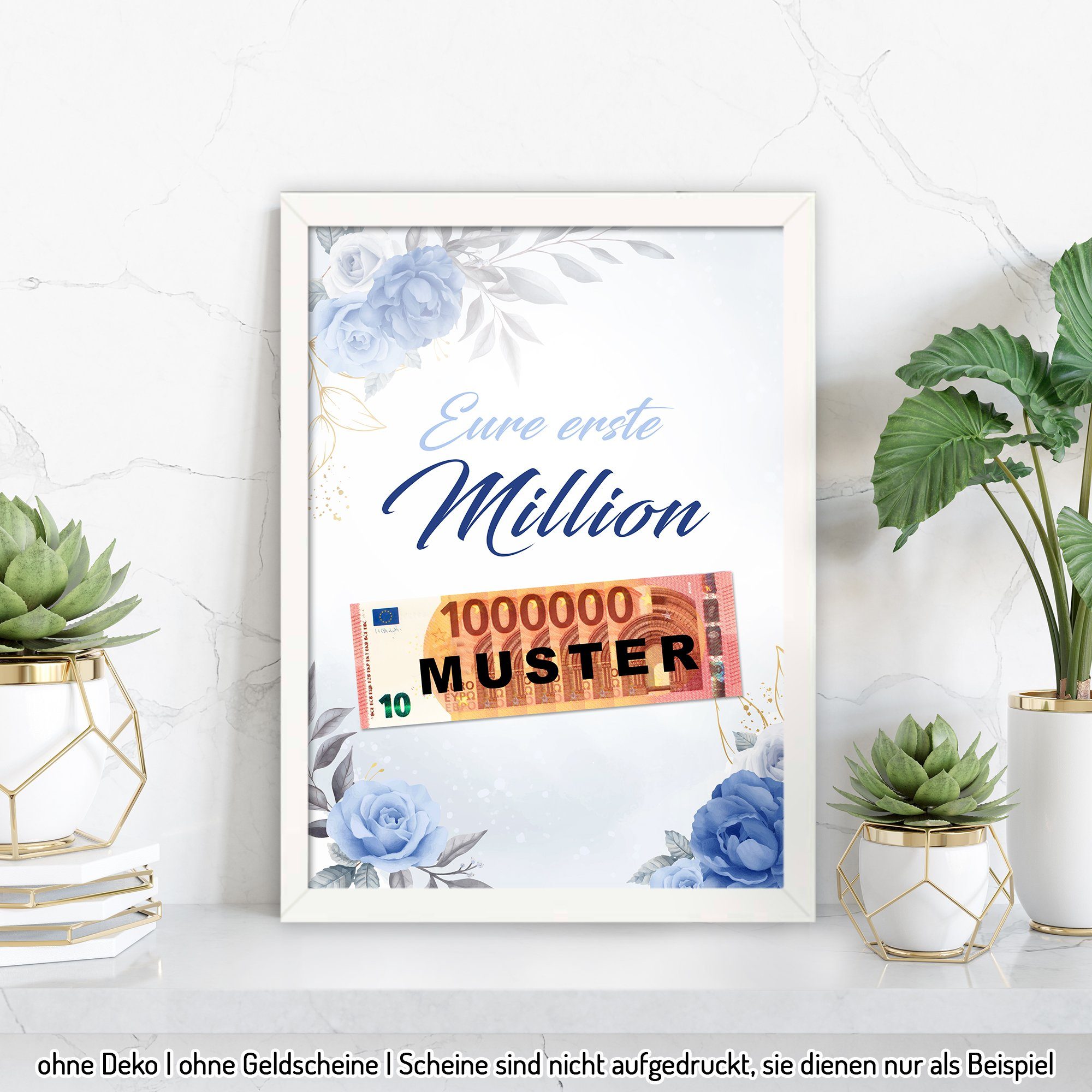 Million“ Premium Feder mit Kunstdruck Rosen, Rahmen A4 DIN blauen Kreative Poster erste A3 wahlweise Rahmen; Poster optional oder „Eure - weißer mit DIN
