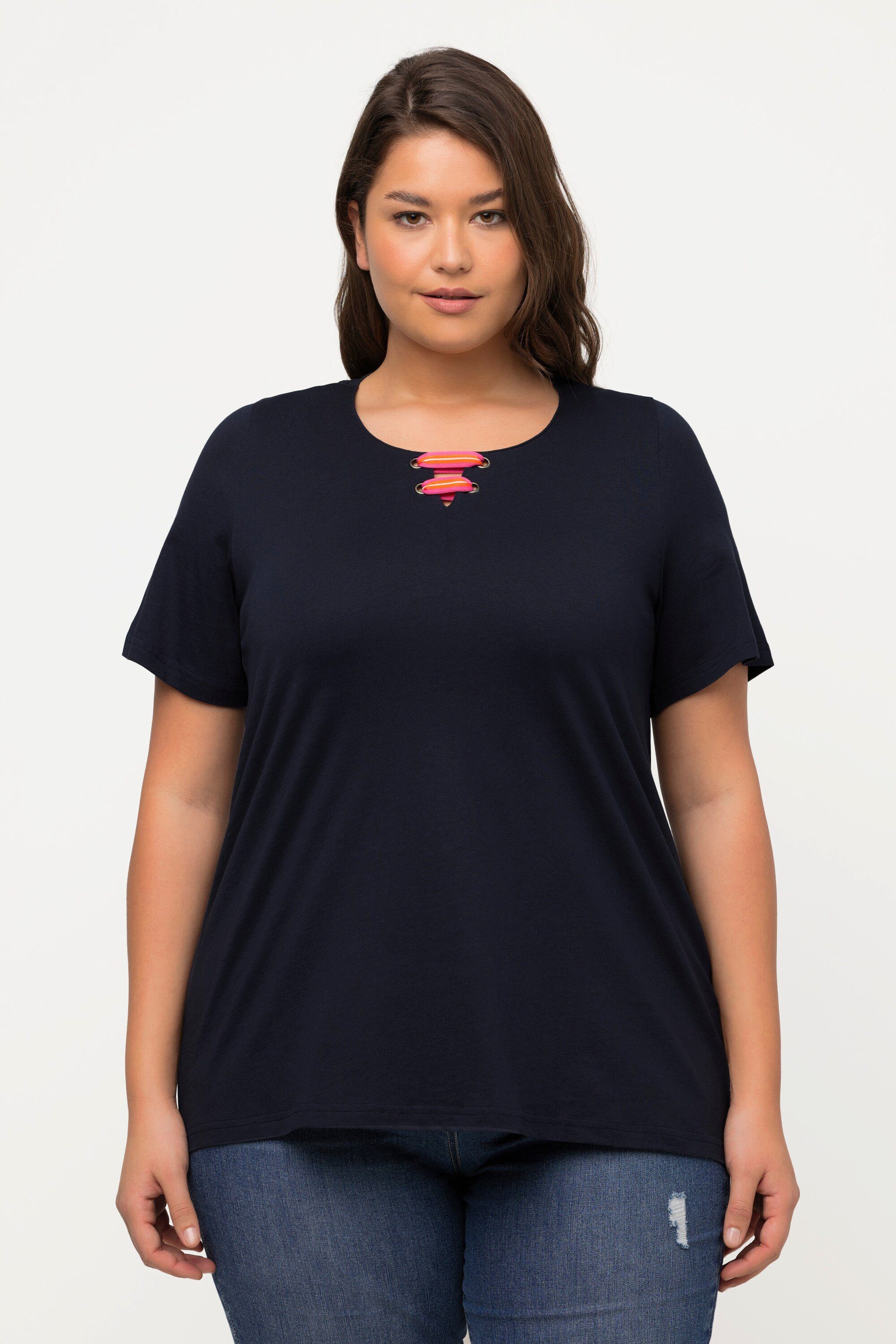 A-Linie Ulla Flügel-Halbarm Rundhalsshirt Popken marine Tunika-Ausschnitt T-Shirt
