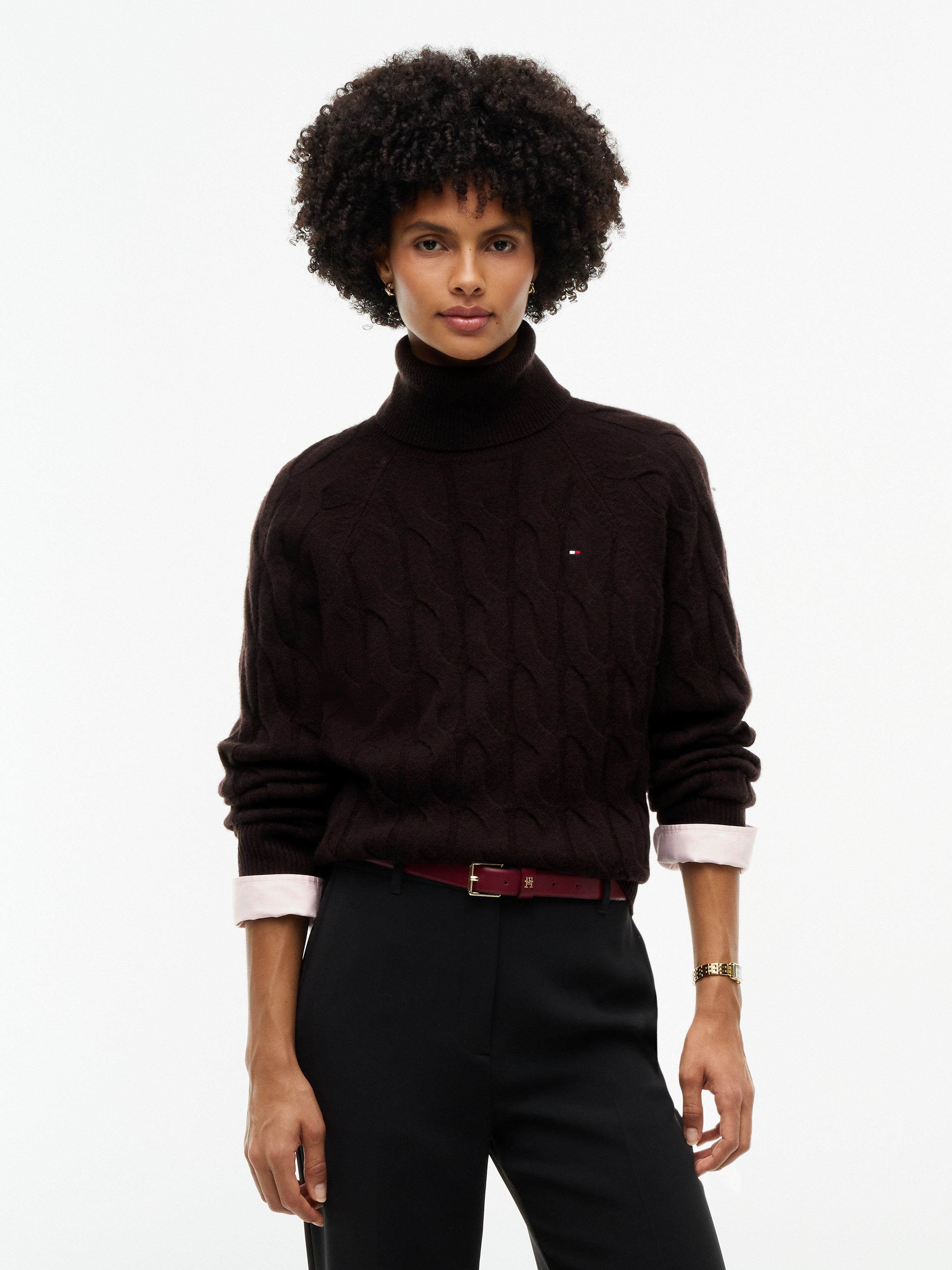Tommy Hilfiger Rollkragenpullover SOFT WOOL CABLE ROLL-NK LS SWT aus Wolle, Zopfmuster