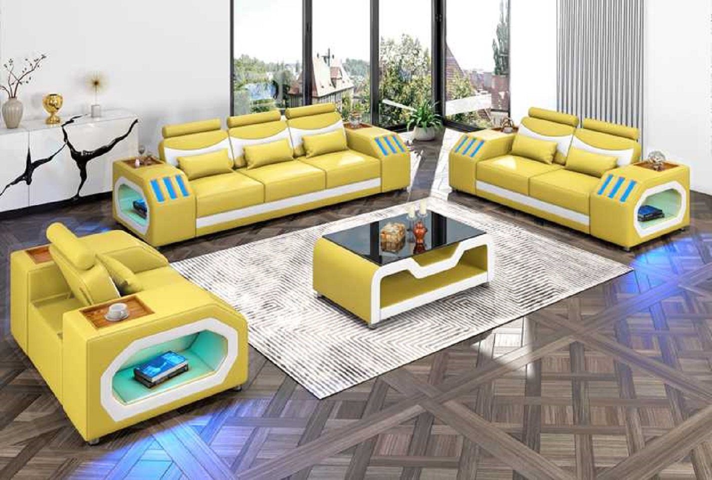JVmoebel Badezimmer-Set Modern Sofagarnitur Sofa (3-St., Nur Set, Made Sessel), 3tlg Zweisitzer + Gelb Europe Dreisitzer in Schwarz Sessel Sitzer 2+3
