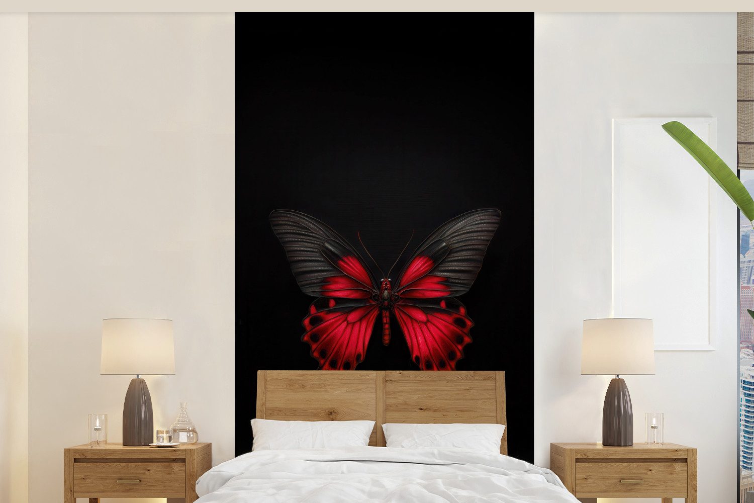 MuchoWow Fototapete Schmetterling - Rot - Kontrast, Matt, bedruckt, Vliestapete für Wohnzimmer Schlafzimmer Küche, Fototapete, 120x240 cm