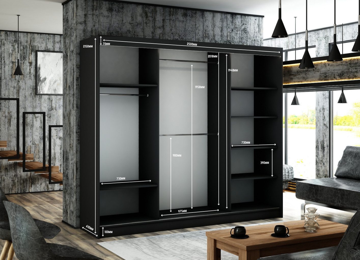 ALTDECOR Schiebetürenschrank VILAN (Kleiderschrank Garderobenschrank mit viel Stauraum Moderner Schrank) Spiegel Spiegeltüren Lamellen Schwebetürenschrank LED Beleuchtung