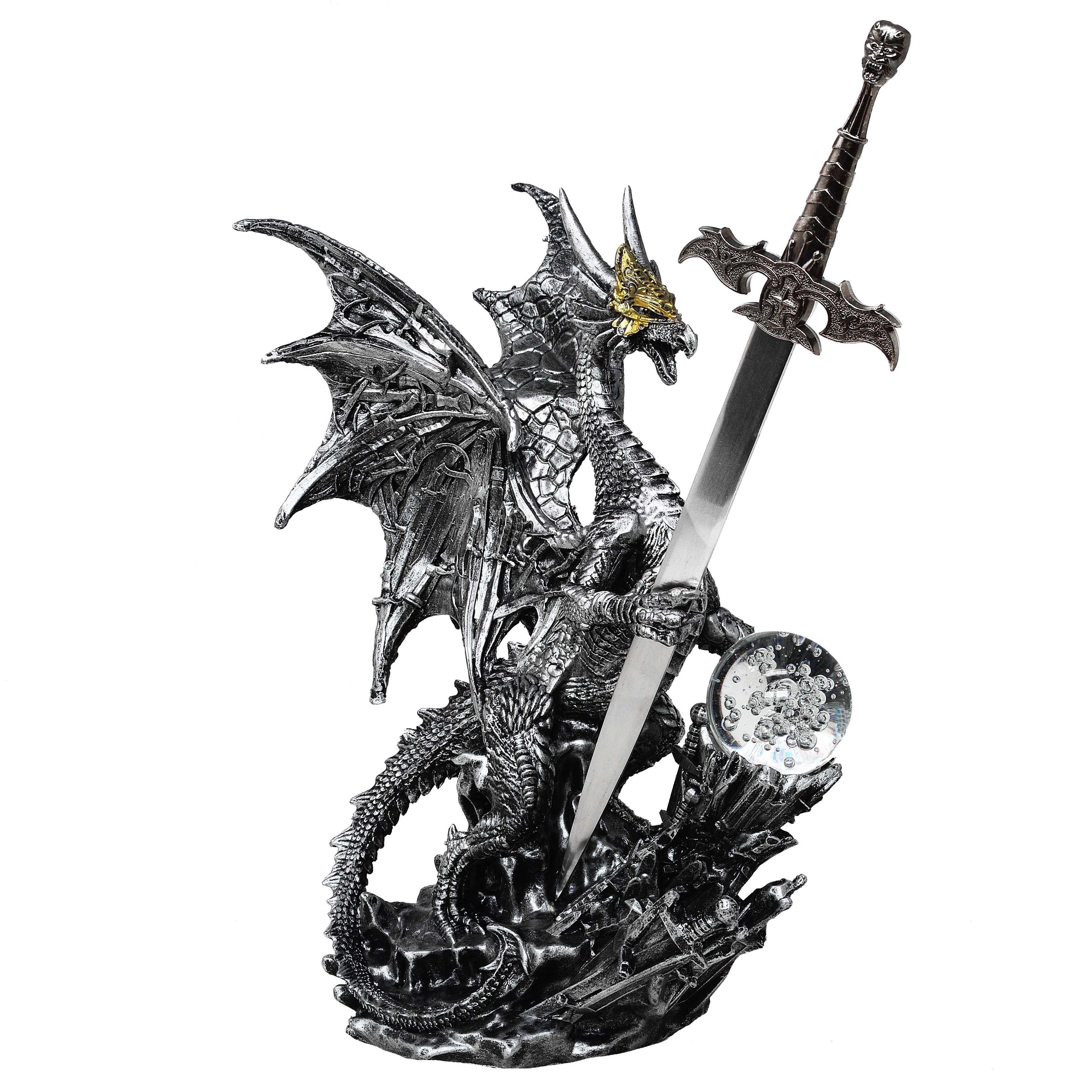 MystiCalls Brieföffner Silberner Drache mit Brieföffner - Drache Figur Brief Beschützer, Perfektes Geschenk zu jedem Anlass - Geburtstag, Weihnachten!