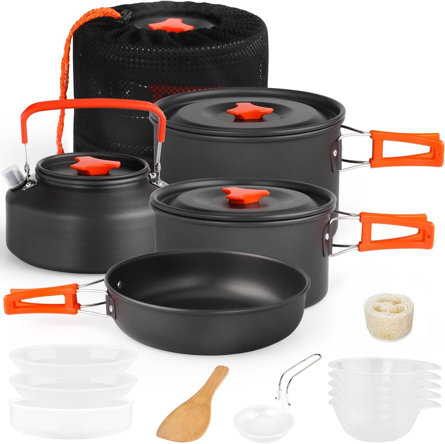 PFCTART Topf-Set Camping Kochgeschirr Set 16 tlg. mit Topf, Pfanne und Camping Geschirr, Aluminium (Set, 16-tlg., Mit Suppentopf, Antihaftpfanne, Kocher & Geschirr für Camping), Leicht, stapelbar und tragbar in praktischer Tasche für Outdoor