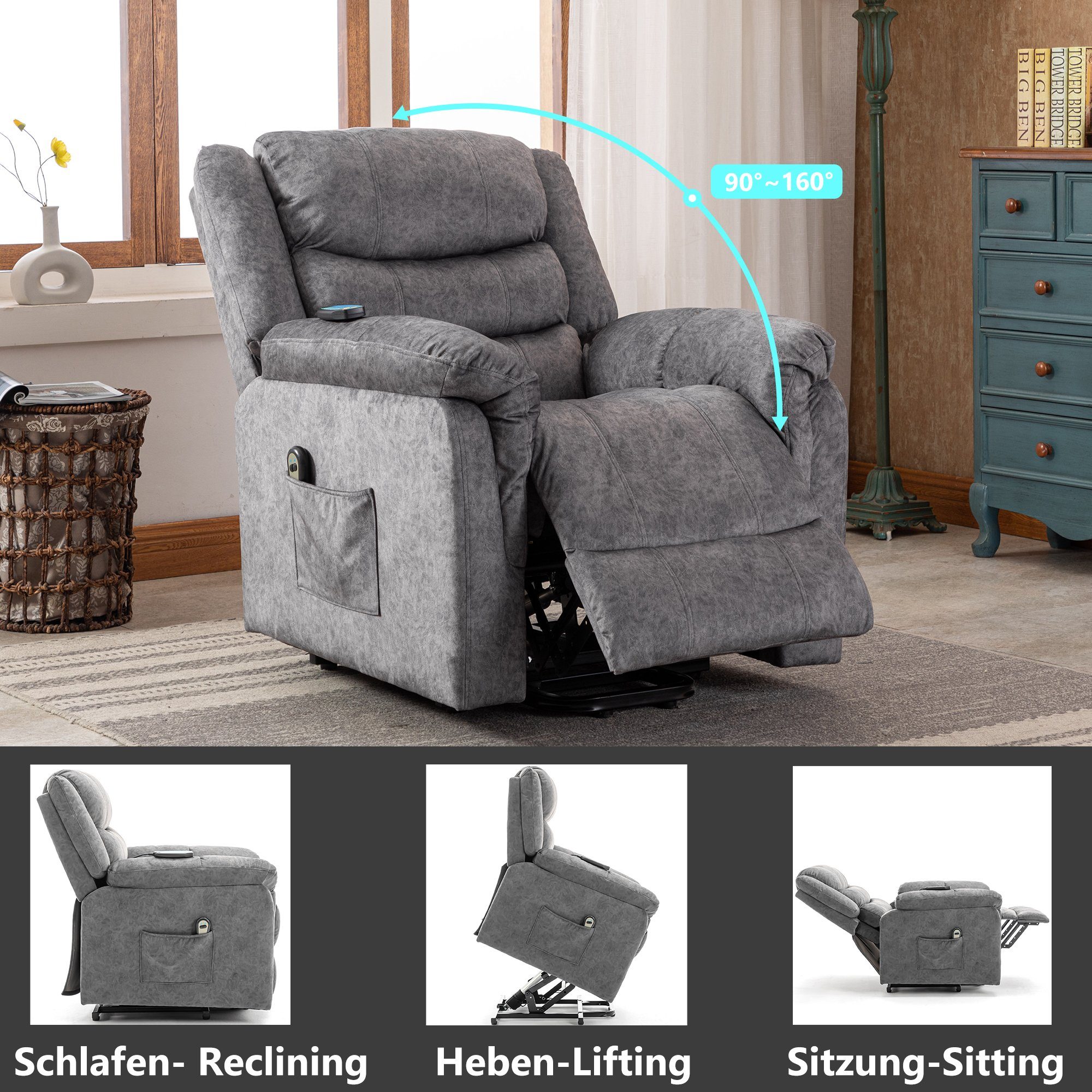 Massagesesel Wärme, Schwarz Relaxsessel elektrisch Merax Aufstehhilfe TV-Sessel,