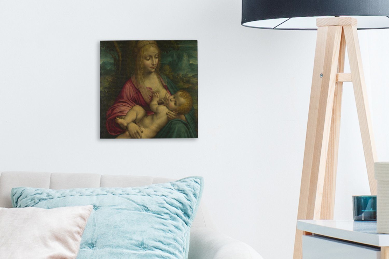 Bilder (1 da OneMillionCanvasses® Die mit Leonardo Leinwand Schlafzimmer Vinci, bunt für St), Leinwandbild Wohnzimmer Kind - Jungfrau dem