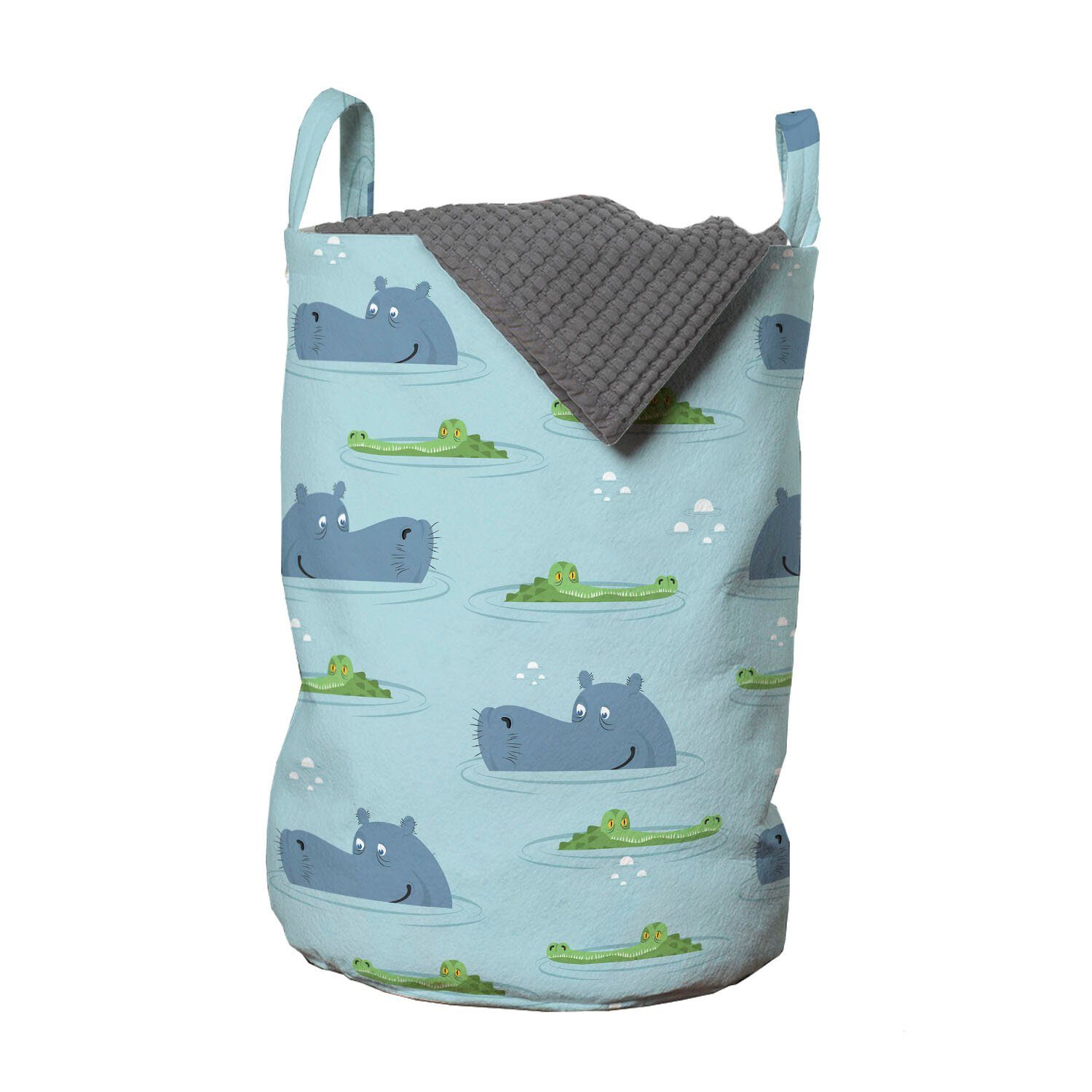 Abakuhaus Wäschesäckchen Wäschekorb mit Griffen Kordelzugverschluss für Waschsalons, Tier Hippo Krokodil im Wasser