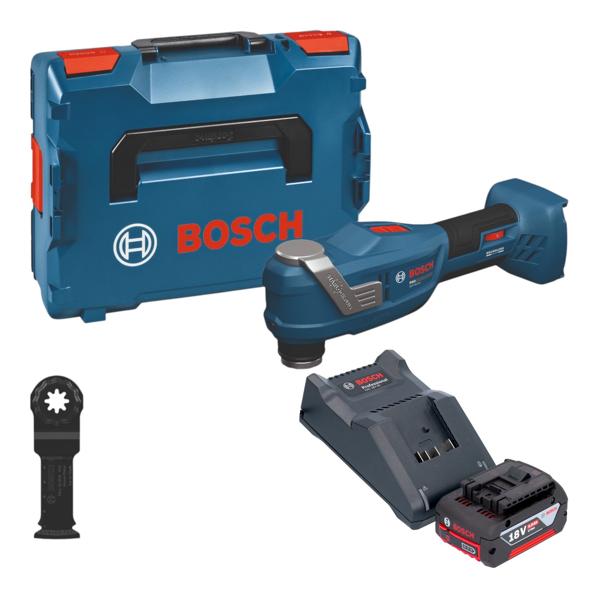 Bosch Professional Akku-Multifunktionswerkzeug GOP 18V-30 Multifunktionswerkzeug 18V + 1x Akku 4,0Ah + Lader + L-Boxx