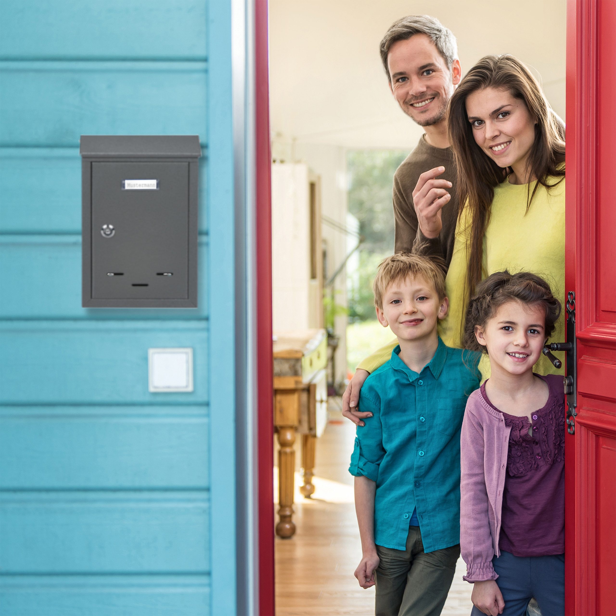 relaxdays Briefkasten mit Namensschild, schwarz