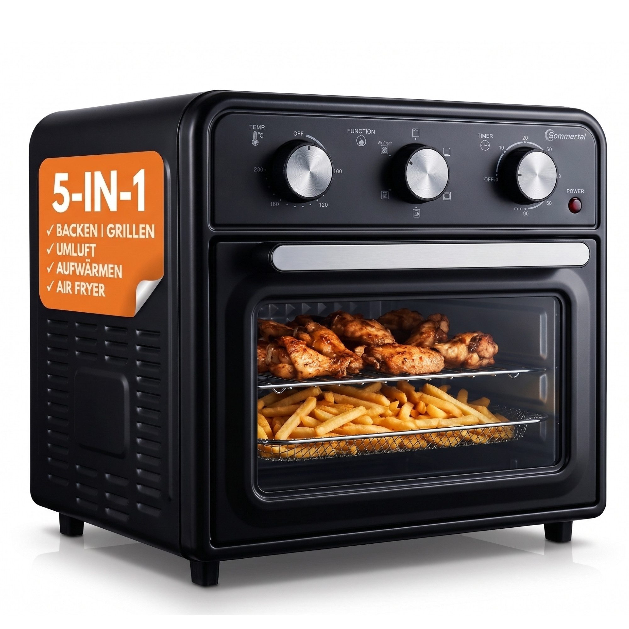 Sommertal Multiofen Sommertal Minibackofen 20 Liter mit Umluft & Heißluftfritteuse, 1800 Watt, Airfryer Funktion, 100–230°C, 60 Min. Timer