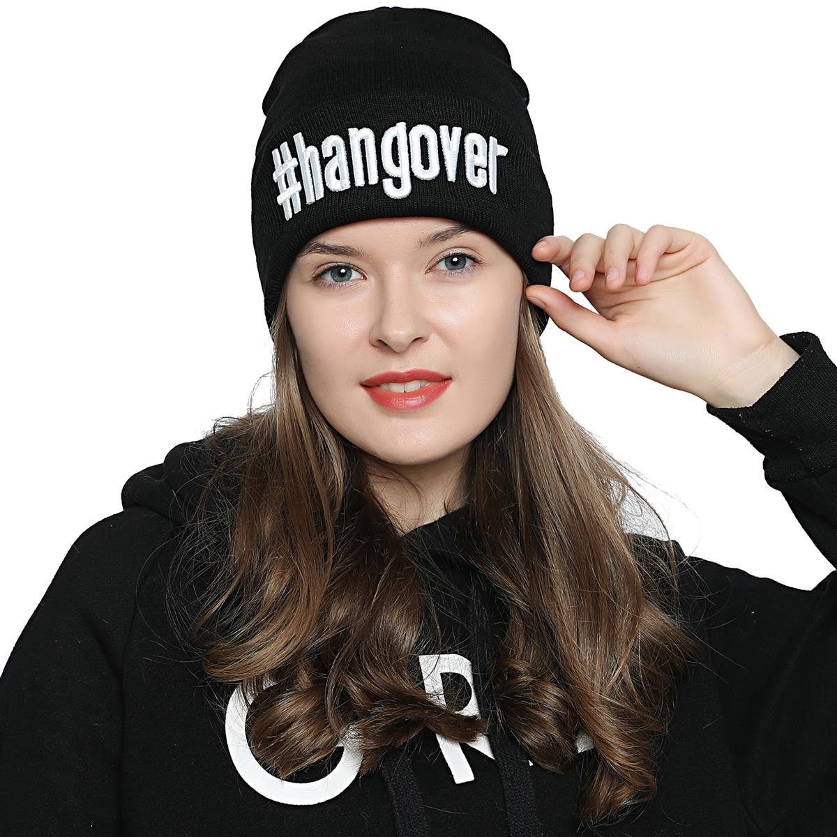 Strickmütze Beanie "#hangover" Winter mit Stylische Damen Statement-Print, DonDon - schwarz (Packung, mit Beanie Wintermütze, Krempe coolem 1-St)