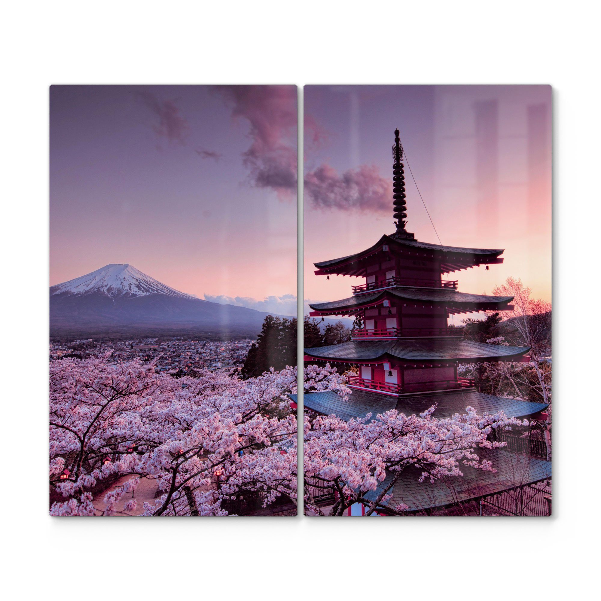DEQORI Herdblende-/Abdeckplatte 'Kirschblüten Tempel Japan', Glas, (2 tlg), Glas Herdabdeckplatte Ceranfeld Herd