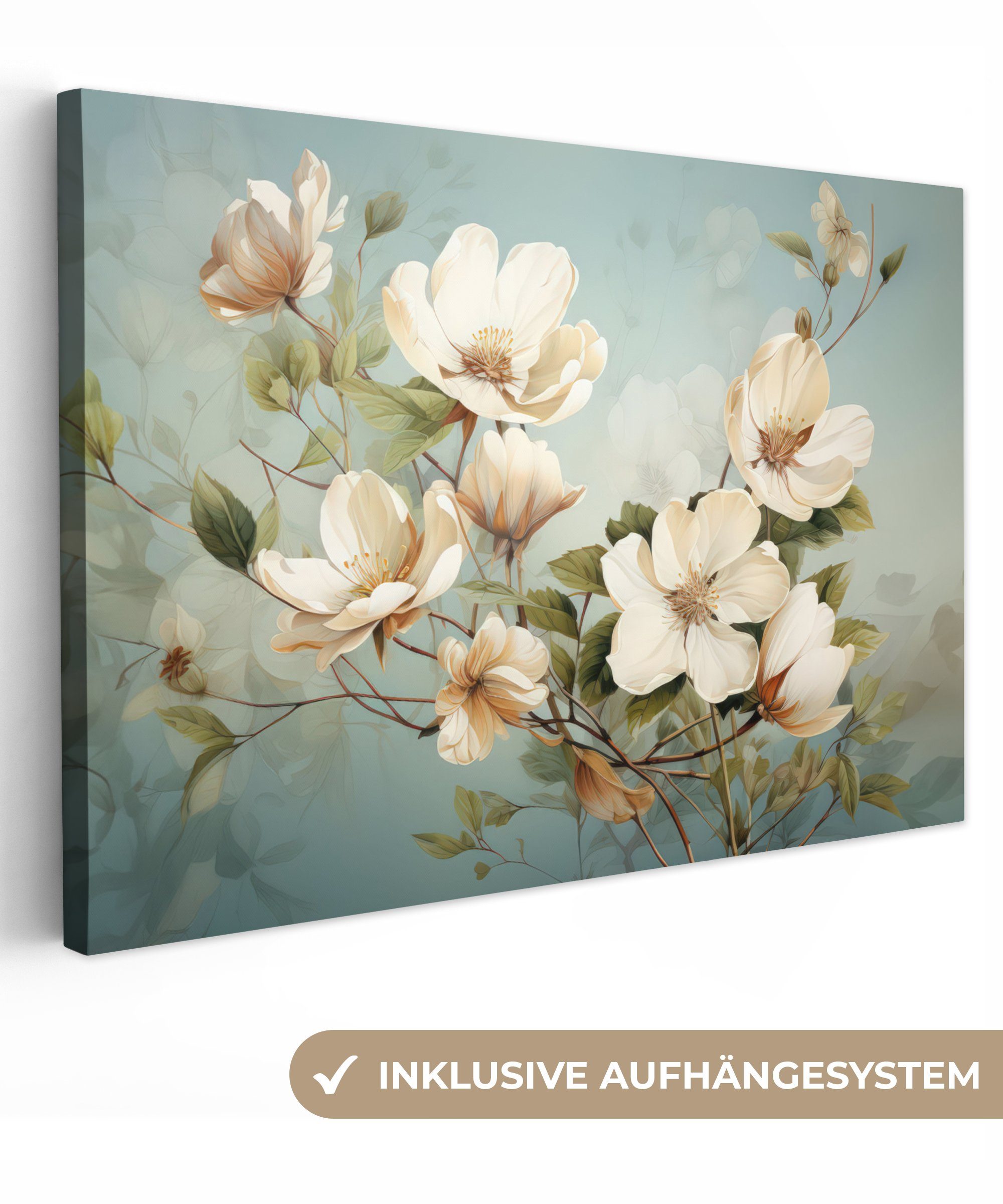 OneMillionCanvasses® Leinwandbild Blumen - Weiß - Natur - Vintage, (1 St), Wandbild für alle Wohnbereiche, Gemälde, XXL, großes, 120x80 cm