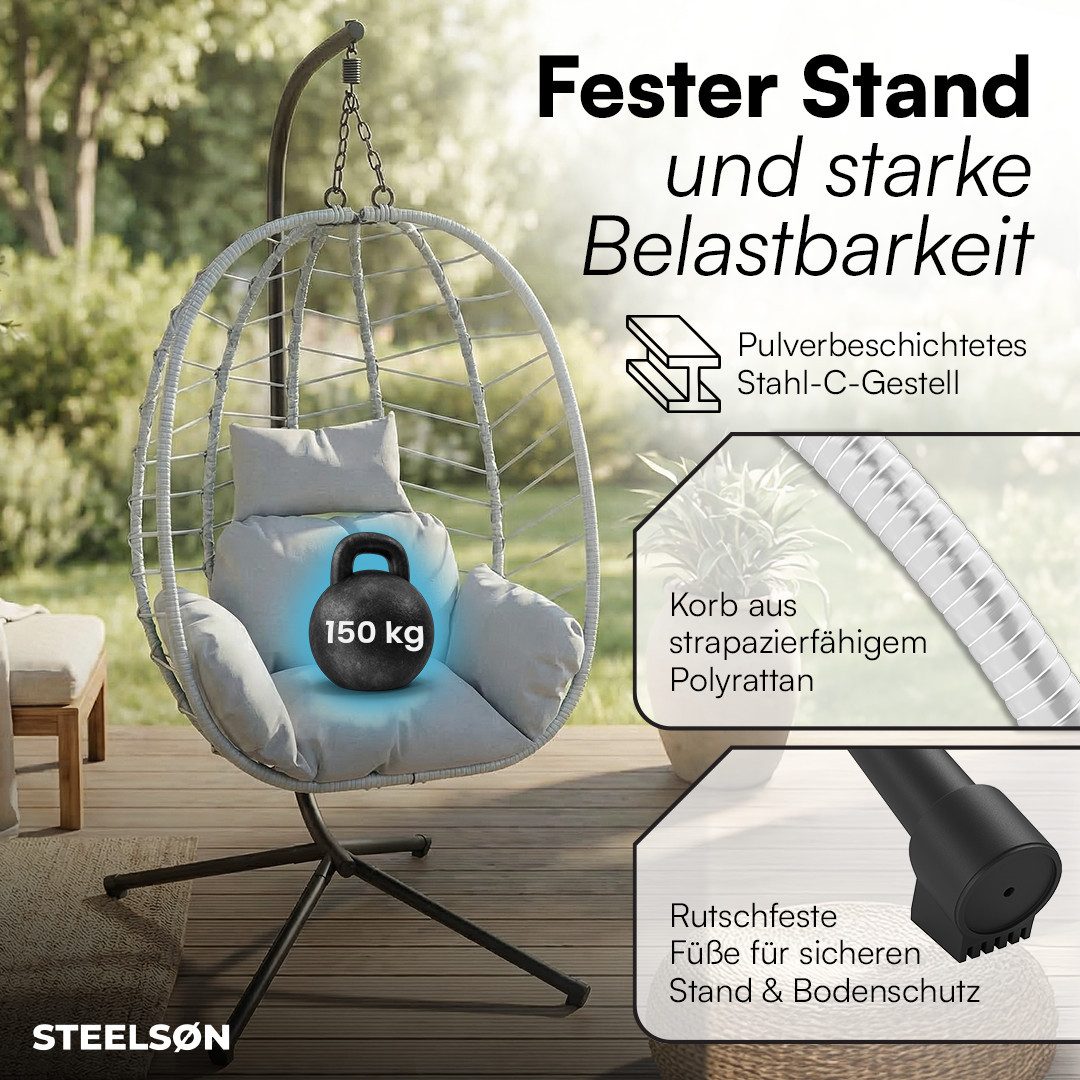 STEELSØN Hängesessel Alarian höhenverstellbar und faltbar (hellgrau/grau, mit Gestell und Sitzkissen, bis 150 kg belastbar), mit großem Korbsitz für indoor & outdoor, aus Polyrattan