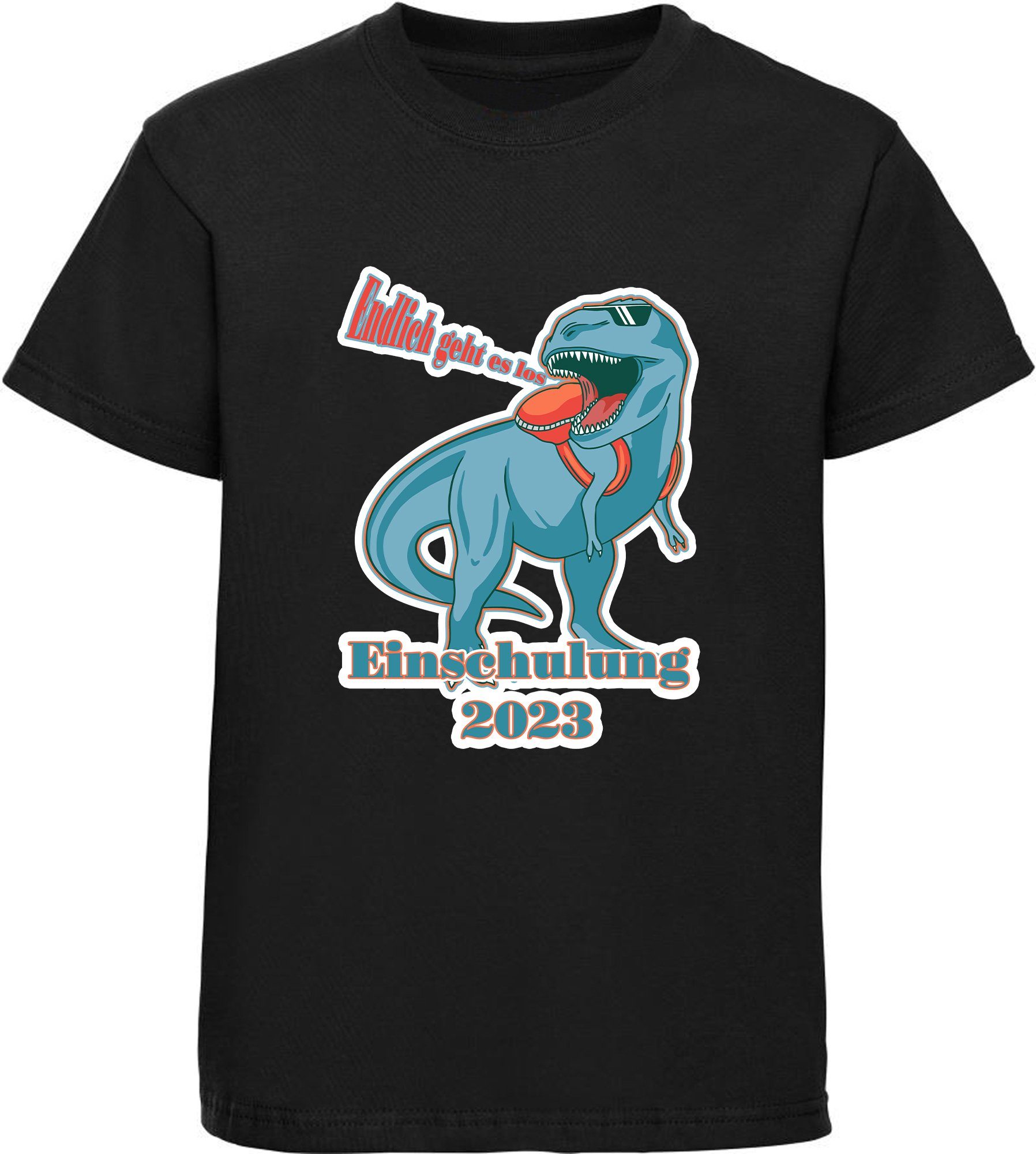 rot, schwarz, geht weiß, los Kinder i37 es bedrucktes MyDesign24 Baumwollshirt - Endlich 2023 Einschulung blau, Print-Shirt T-Shirt Aufdruck, T-Rex