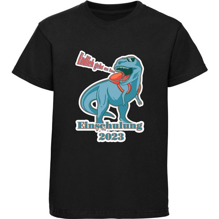MyDesign24 Print-Shirt bedrucktes Kinder T-Shirt T-Rex - Endlich geht es los Baumwollshirt Einschulung 2023 Aufdruck schwarz weiß rot blau i37