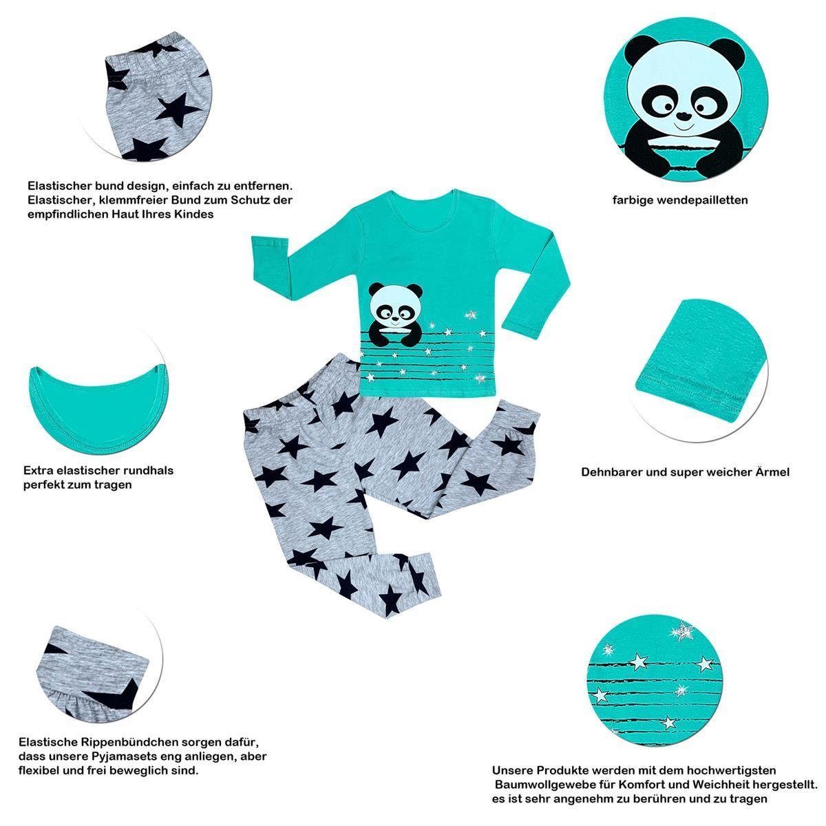 Mädchen Panda Baumwolle Set tlg) Pyjama Aqua LOREZA 2 Schlafanzug Pyjama Hausanzug (Set, langarm